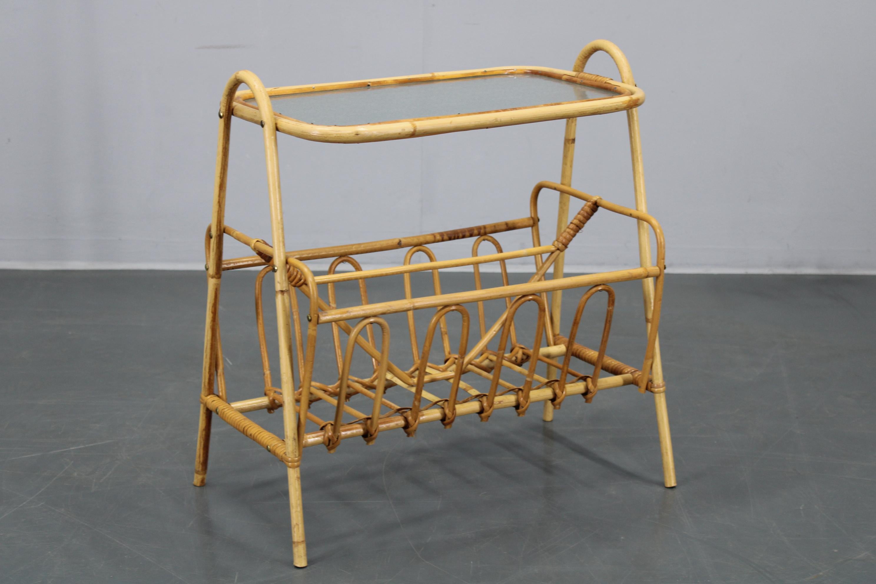 1970s Rattan Newspaper and Magazine Stand with Glass Top, Italy