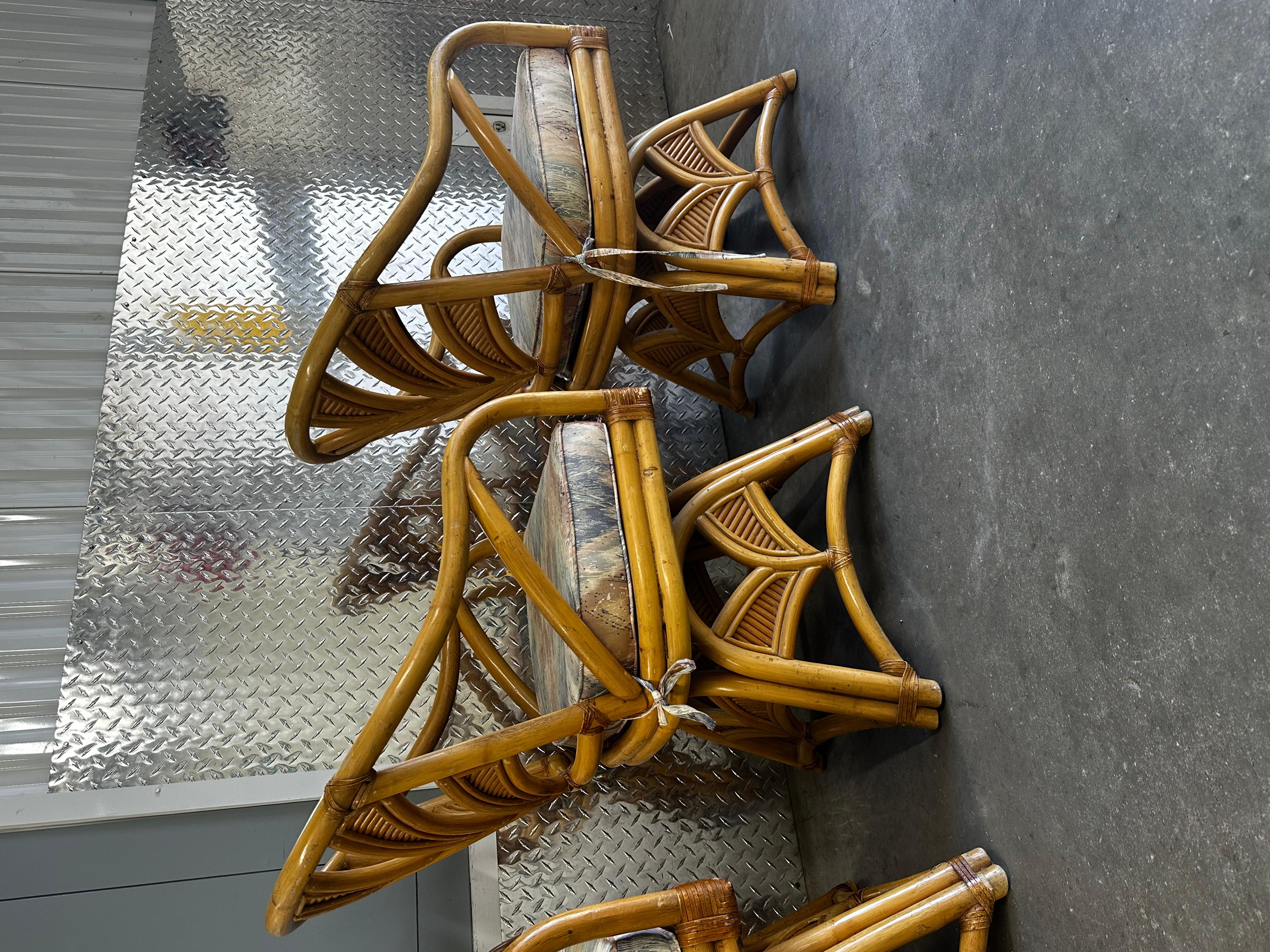 1970s Rattan Palms Reed Pedestal Pastel Swivel Dining Chairs , Set of 4 For Sale 3
