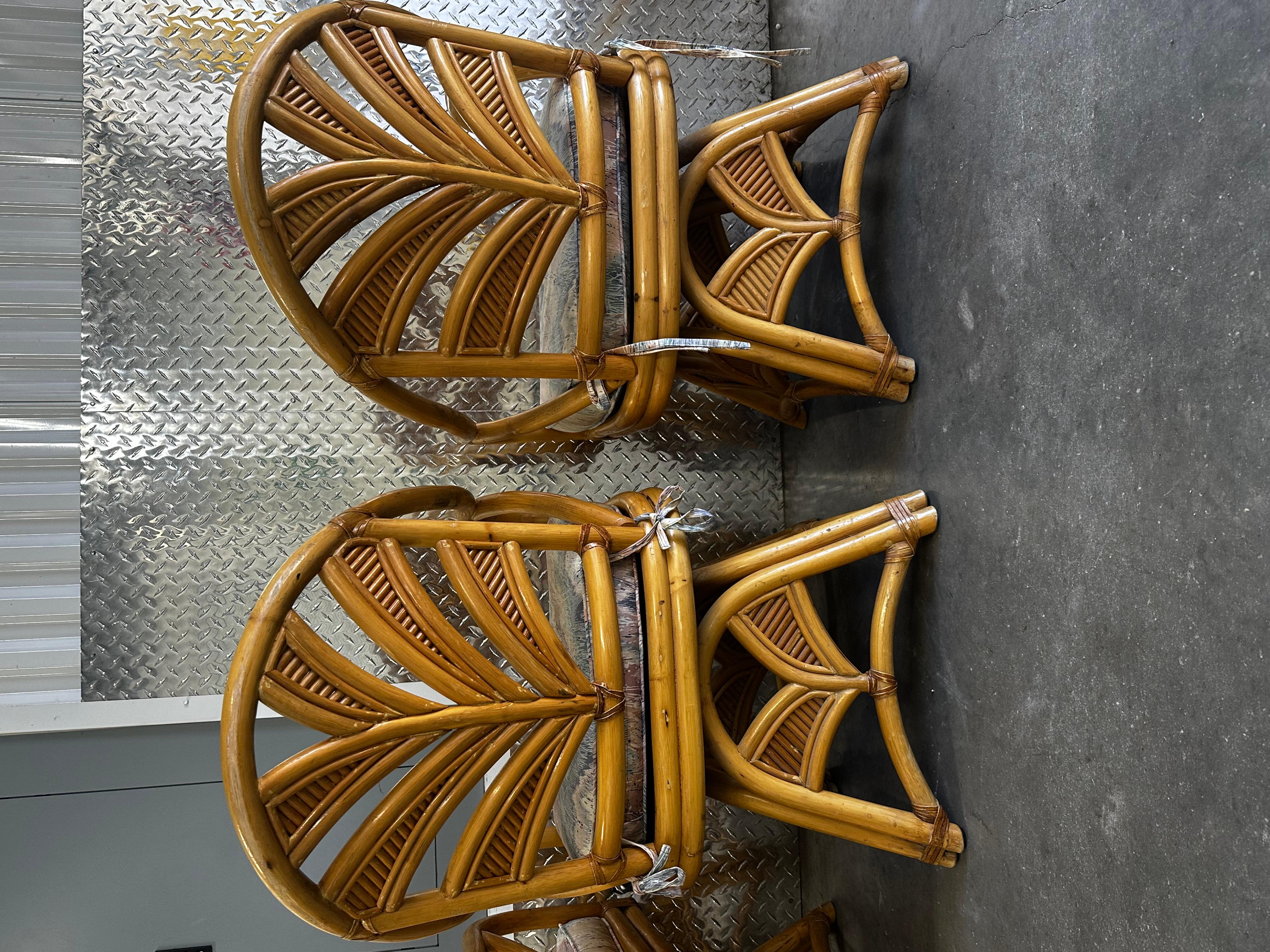 1970s Rattan Palms Reed Pedestal Pastel Swivel Dining Chairs , Set of 4 For Sale 5