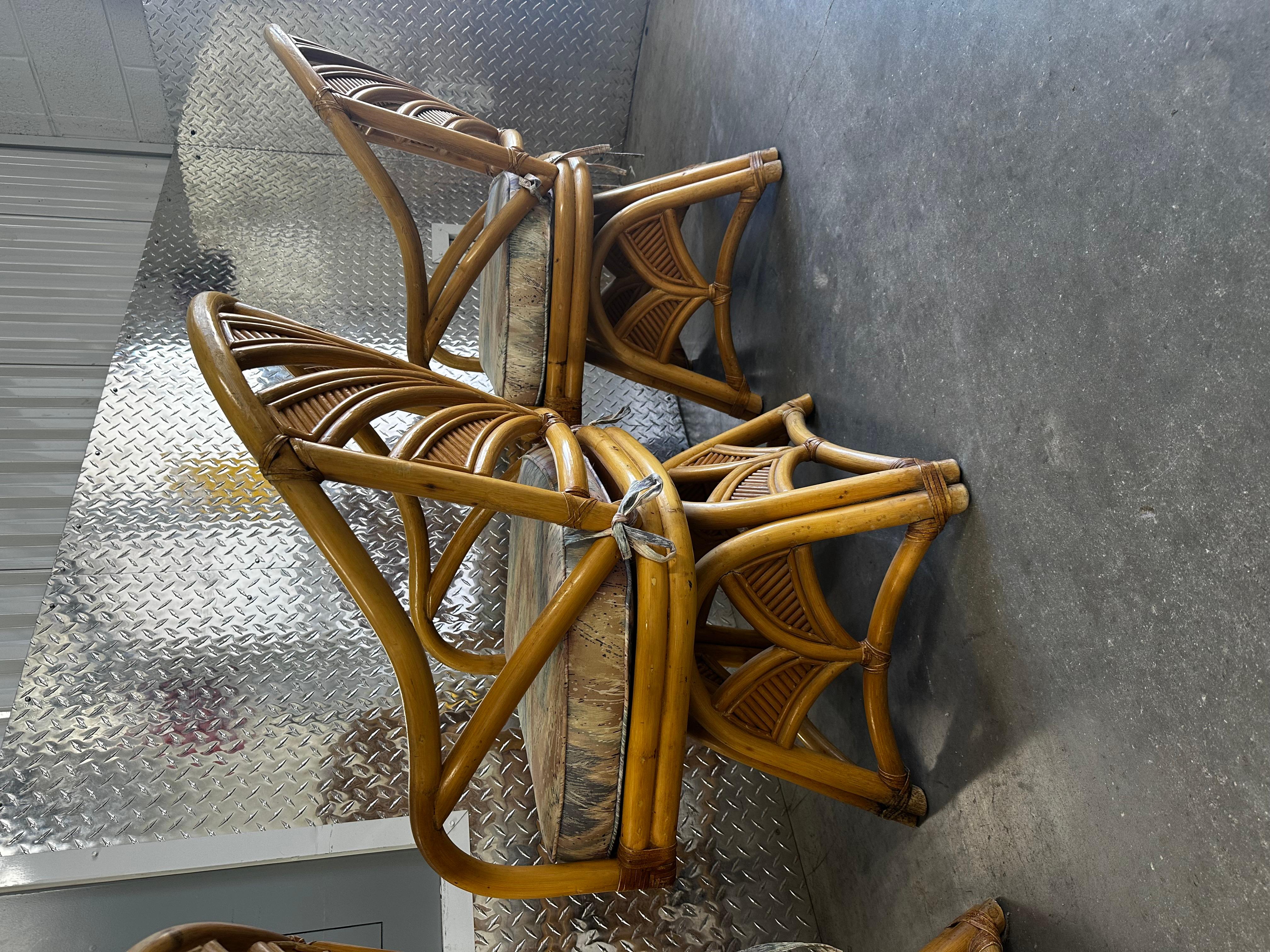 1970s Rattan Palms Reed Pedestal Pastel Swivel Dining Chairs , Set of 4 For Sale 6