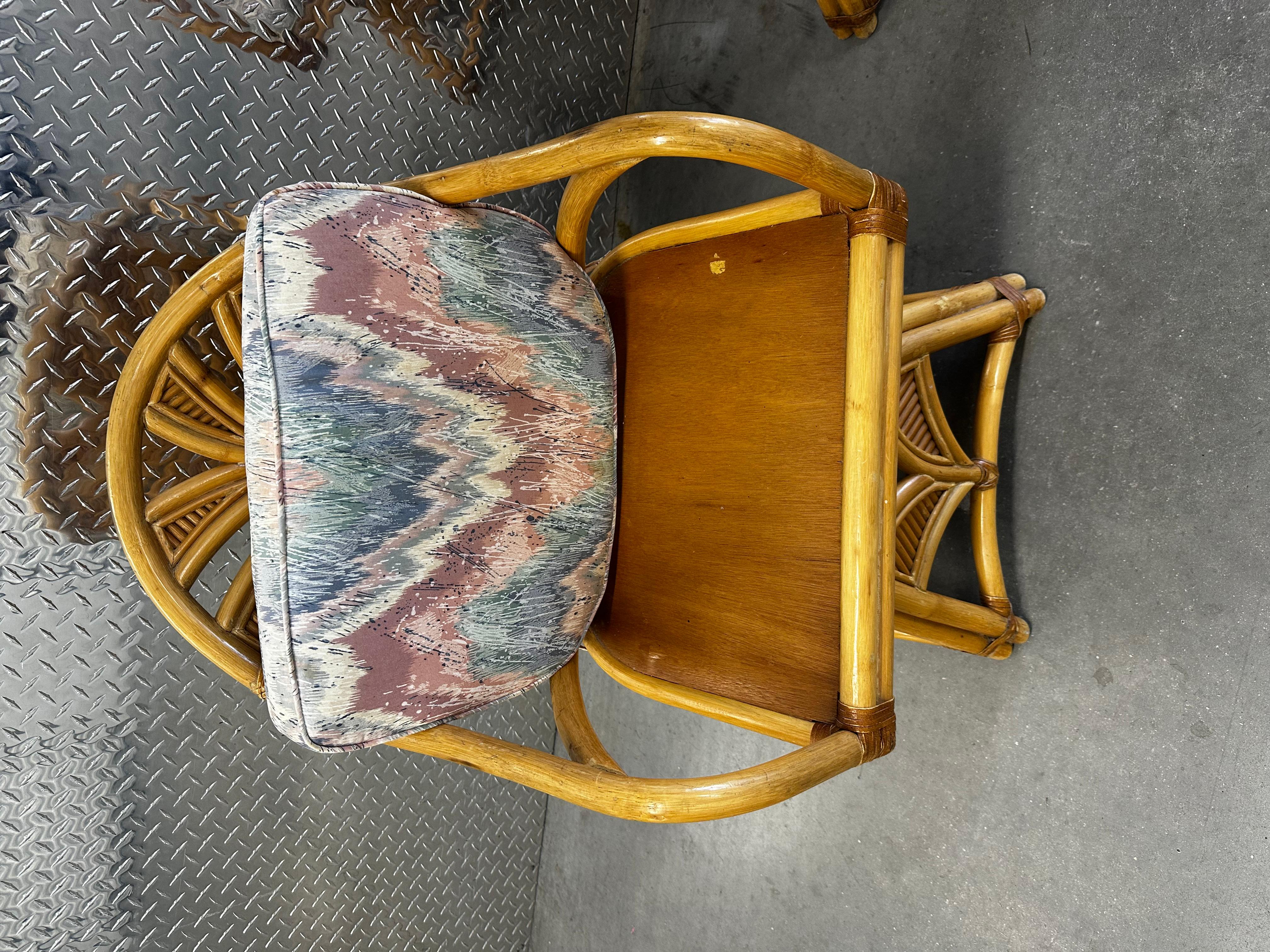 1970s Rattan Palms Reed Pedestal Pastel Swivel Dining Chairs , Set of 4 For Sale 8