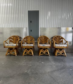1970s Rattan Palms Reed Pedestal Pastel Game Dining Swivel Chairs , Set of 4