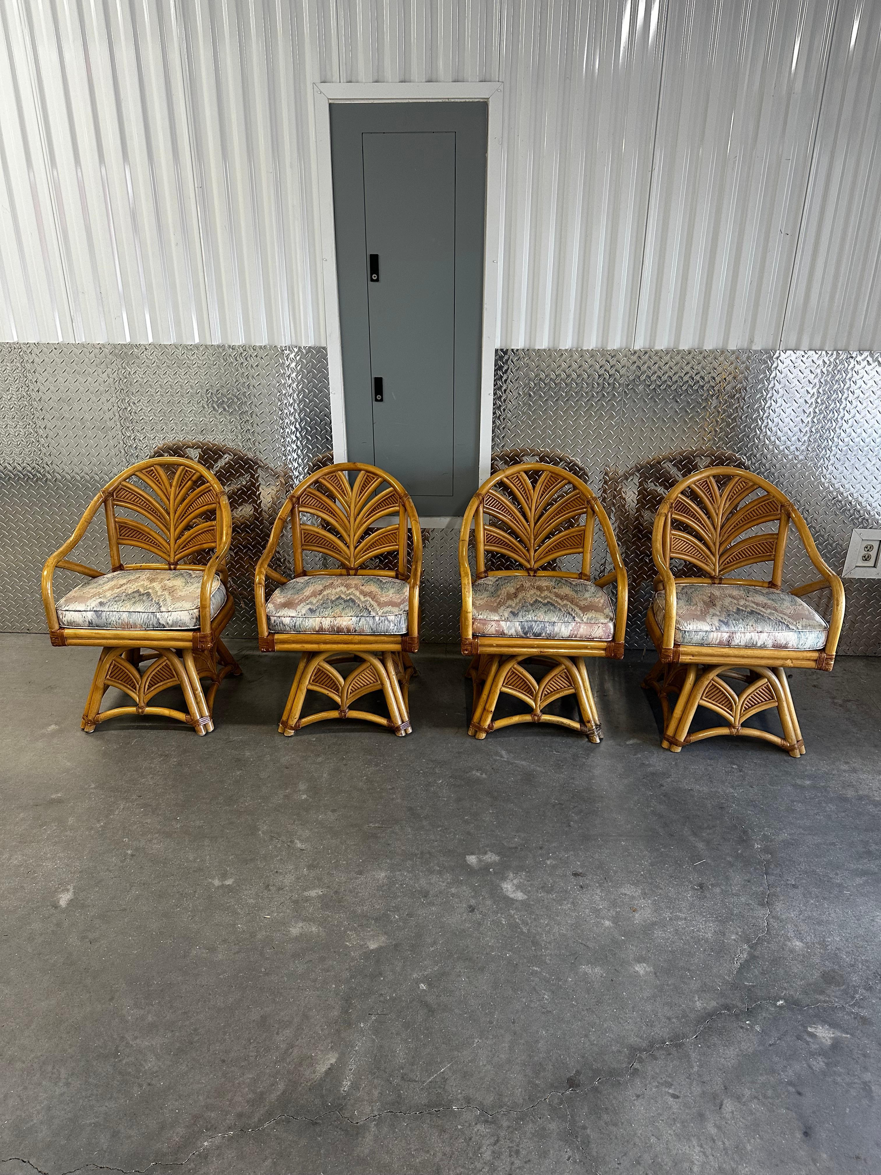 Bohemian 1970s Rattan Palms Reed Pedestal Pastel Swivel Dining Chairs , Set of 4 For Sale