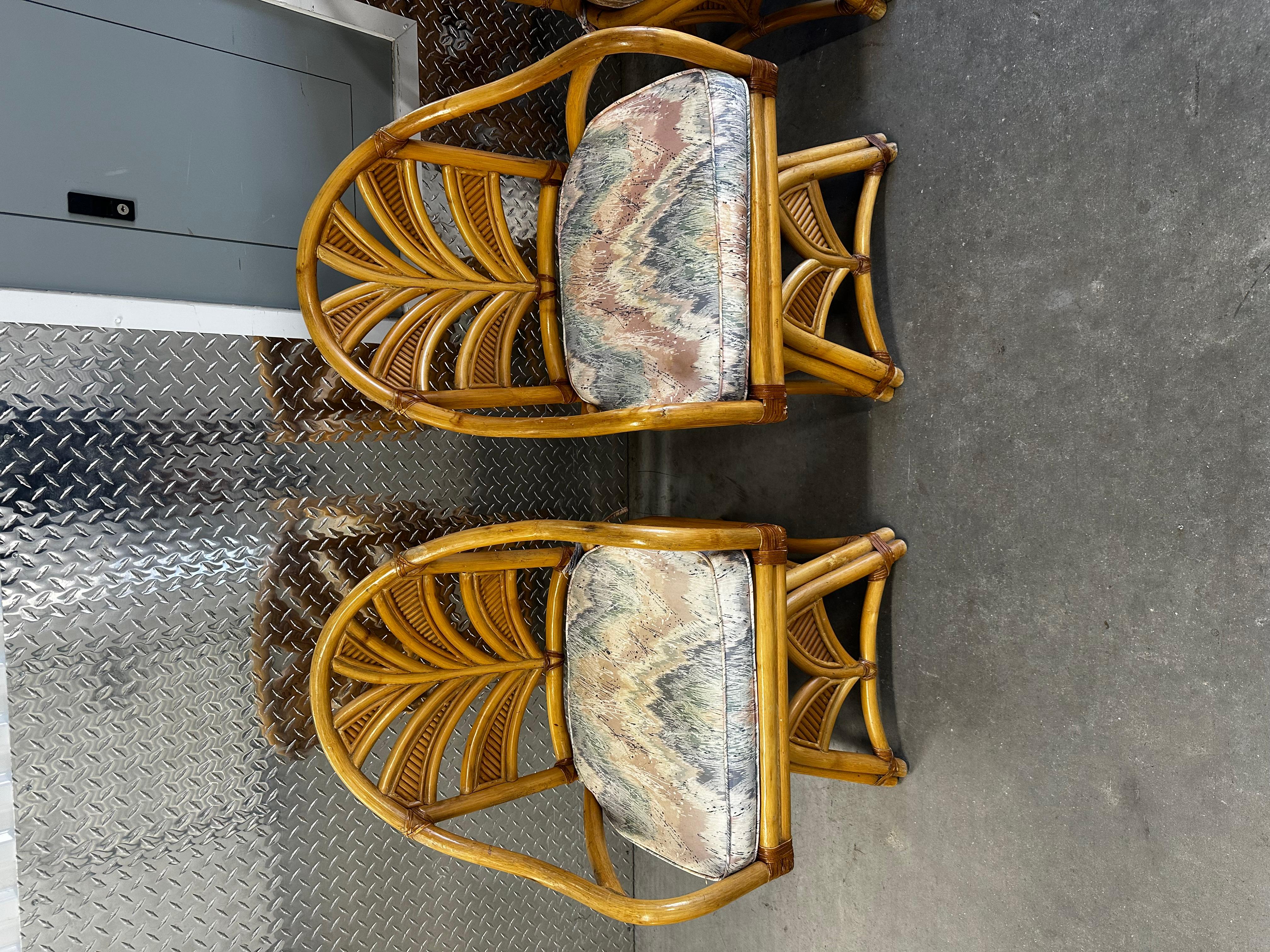Upholstery 1970s Rattan Palms Reed Pedestal Pastel Swivel Dining Chairs , Set of 4 For Sale