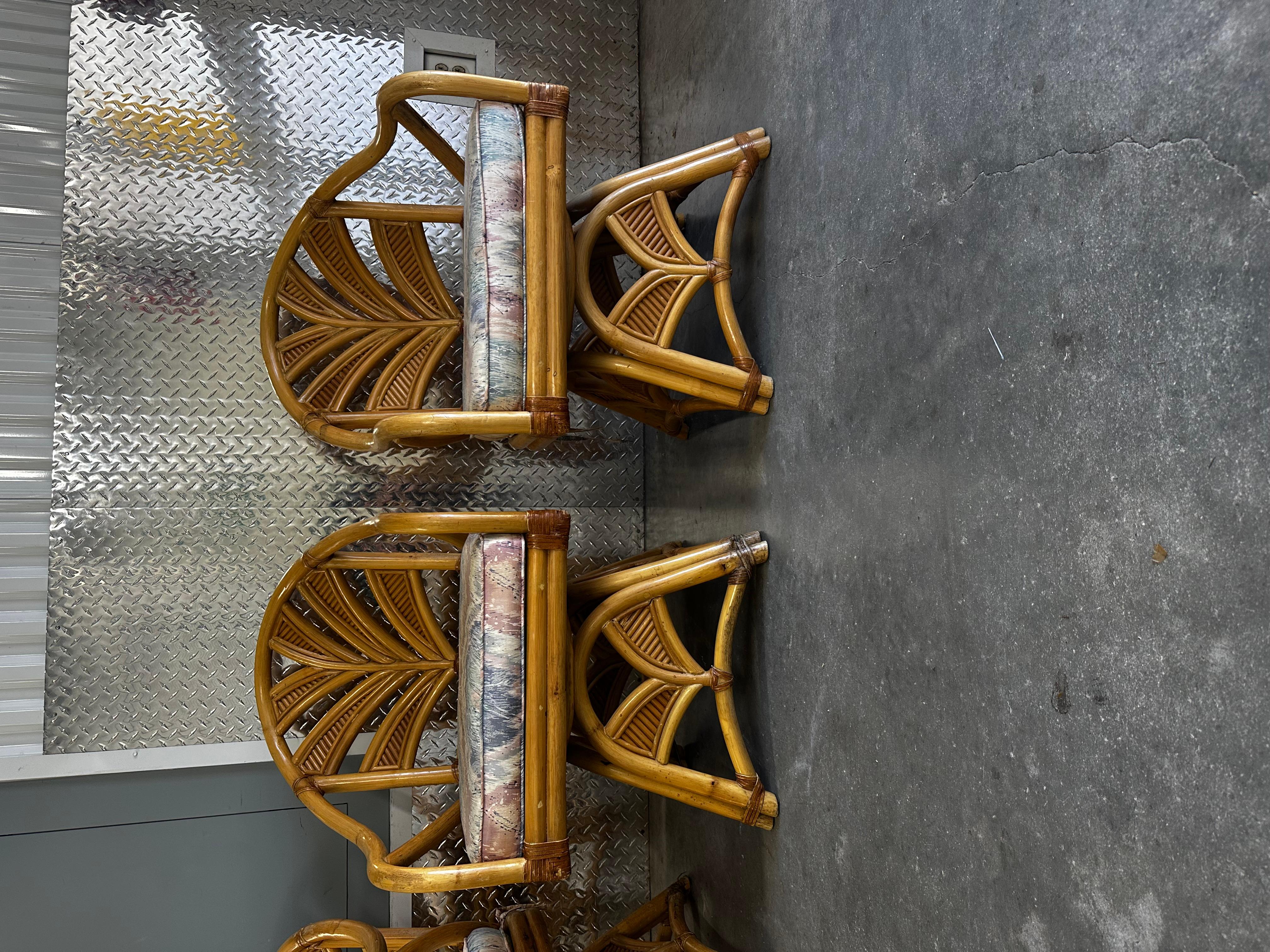 1970s Rattan Palms Reed Pedestal Pastel Swivel Dining Chairs , Set of 4 For Sale 1