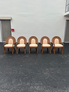 1970s Rattan Peacock Fan Back Leopard Print Dining Chairs, Set of 5