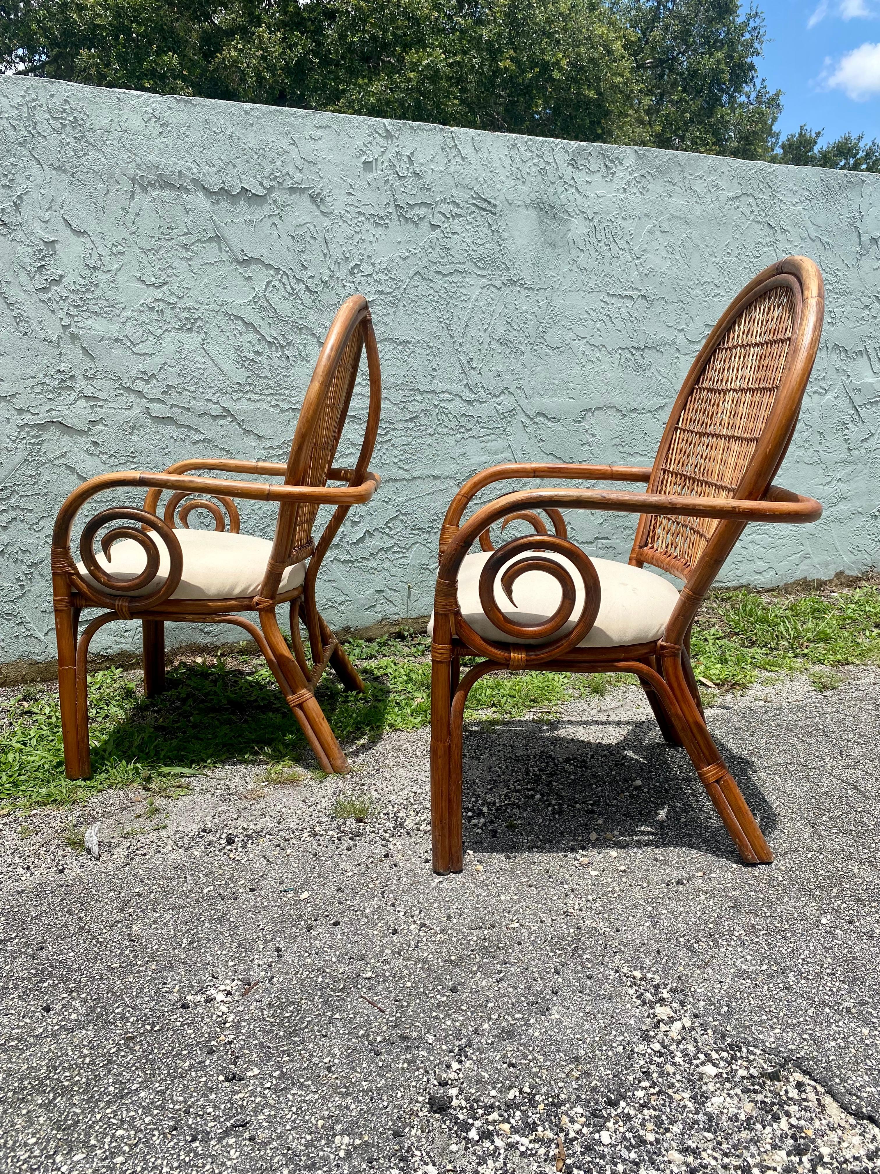 1970s Rattan Peacock Scroll Arm Sculptural Dining Side Chairs For Sale 4