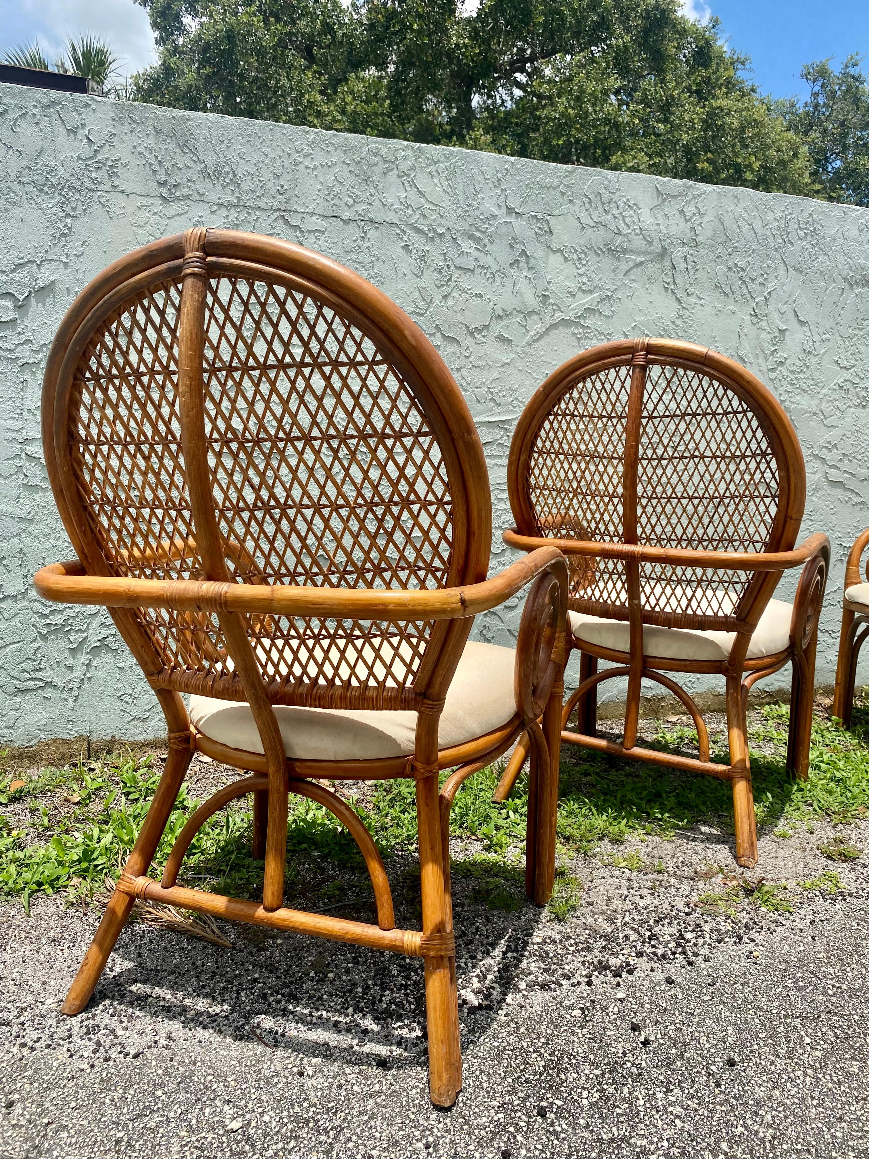 1970s Rattan Peacock Scroll Arm Sculptural Dining Side Chairs For Sale 7