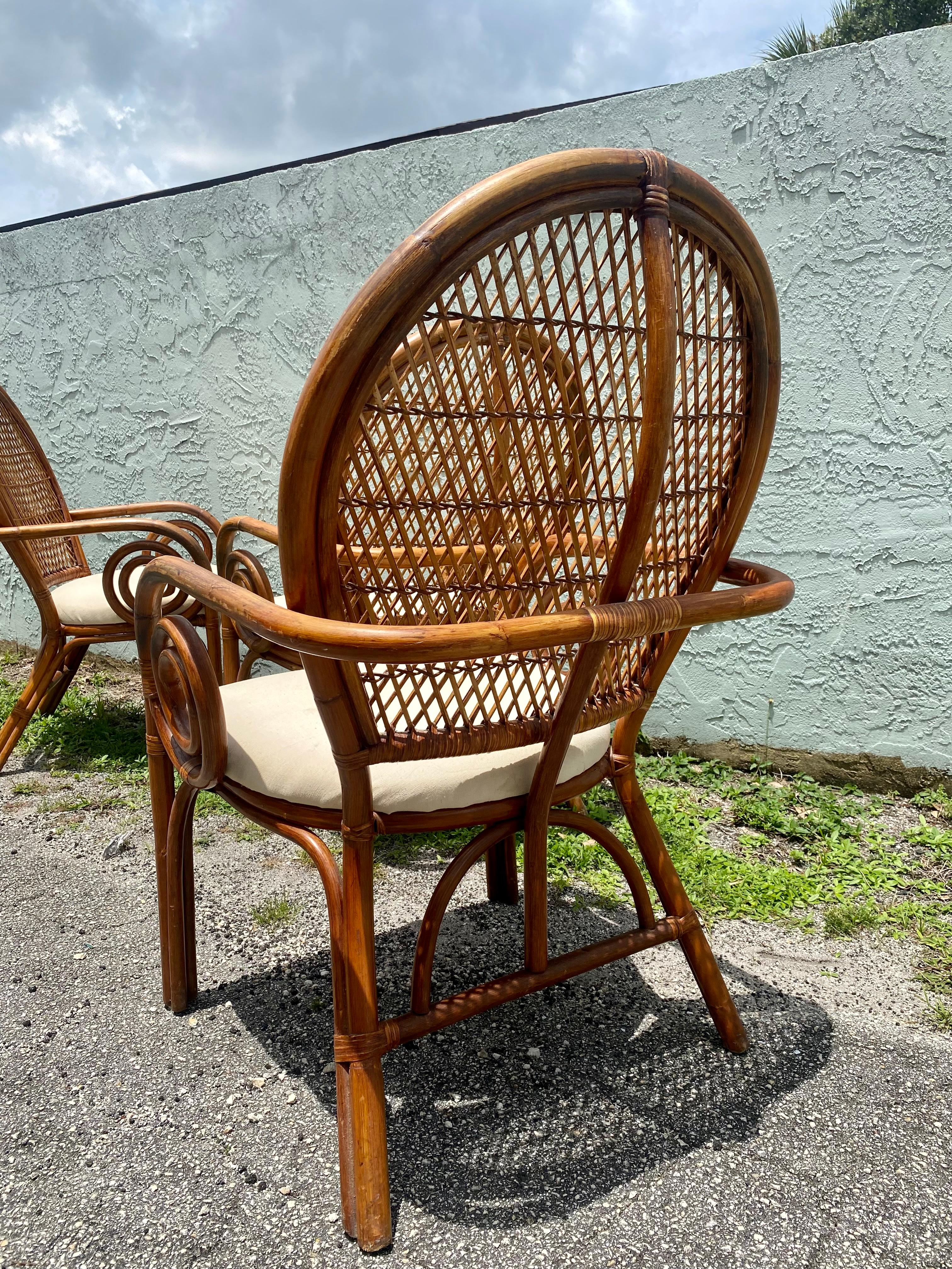 1970s Rattan Peacock Scroll Arm Sculptural Dining Side Chairs For Sale 8