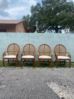 1970s Rattan Peacock Scroll Arm Sculptural Dining Side Chairs