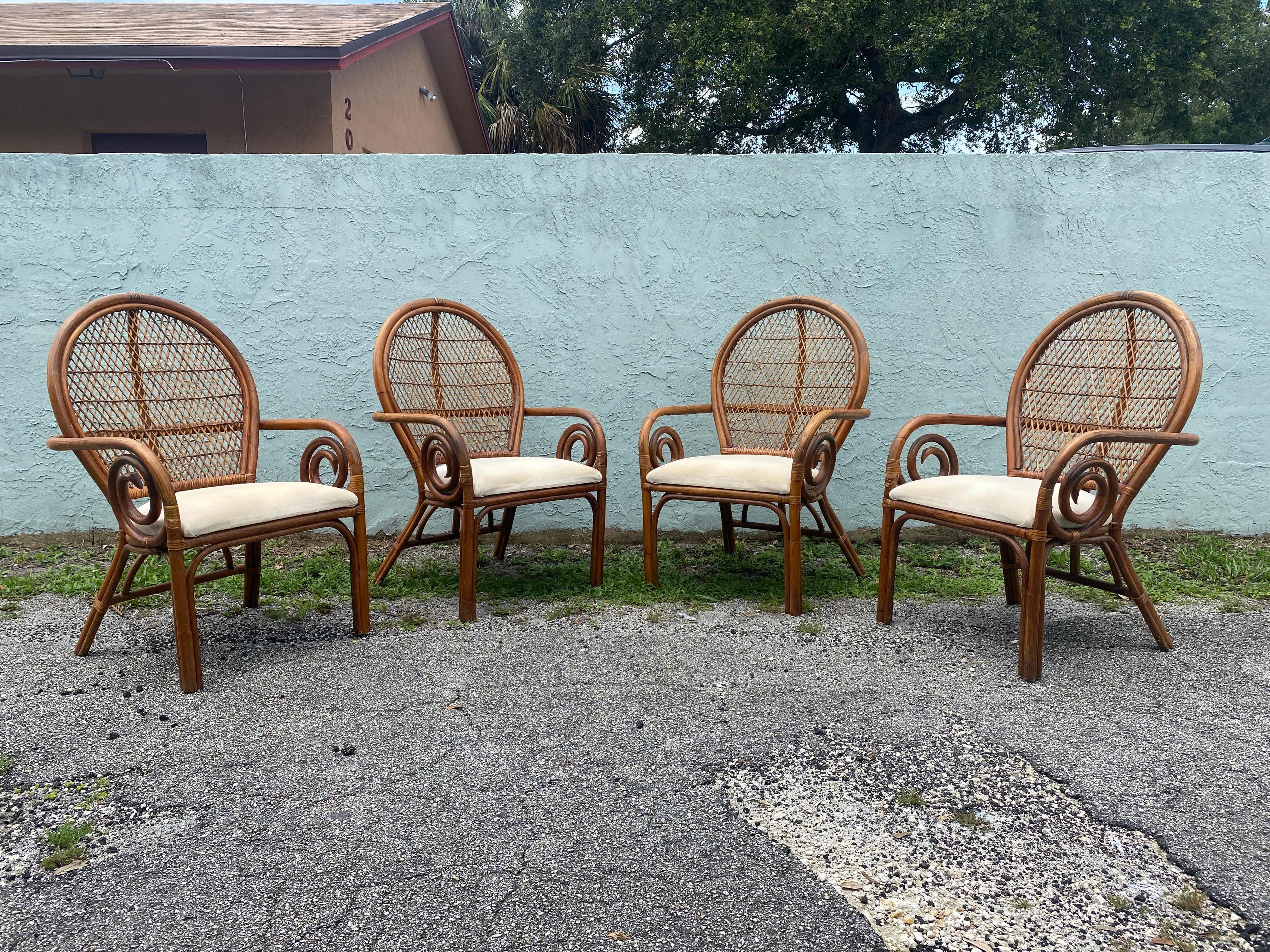 1970s Rattan Peacock Scroll Arm Sculptural Dining Side Chairs In Good Condition For Sale In Fort Lauderdale, FL