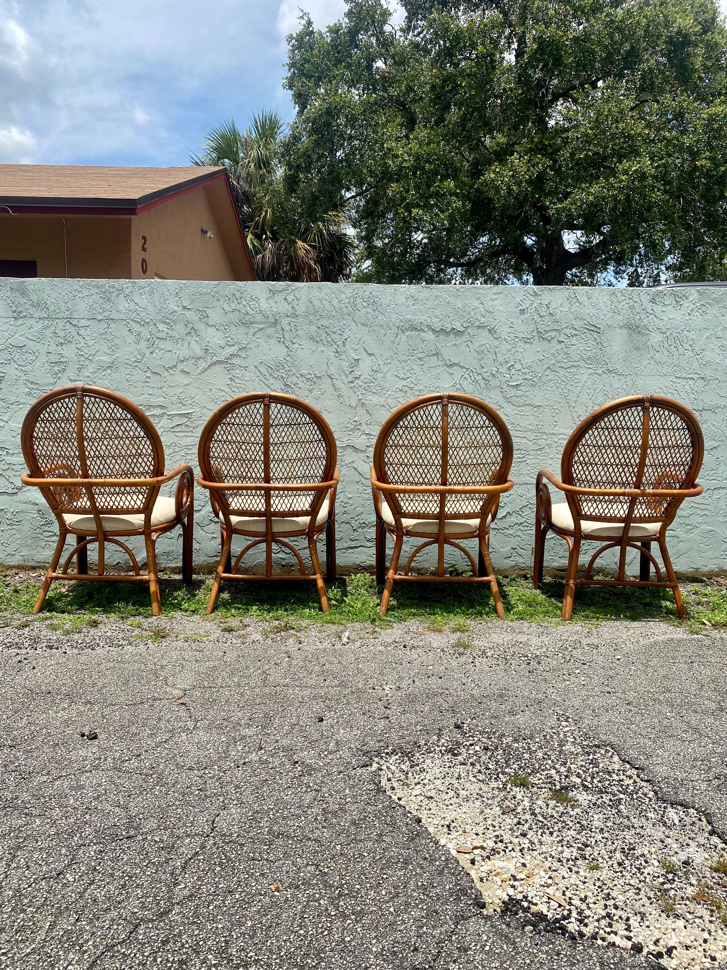 American 1970s Rattan Peacock Scroll Arm Sculptural Dining Side Chairs For Sale