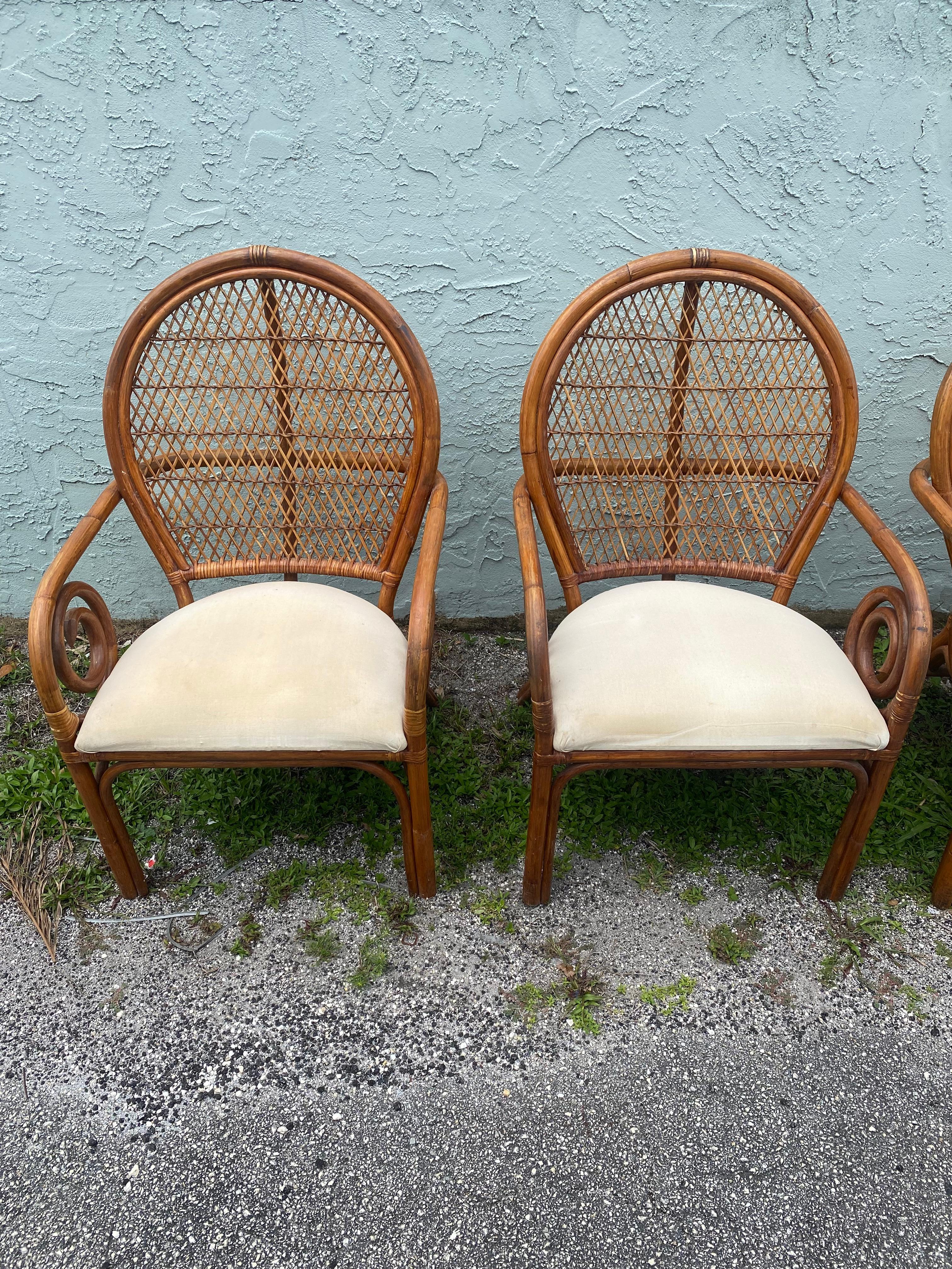 1970s Rattan Peacock Scroll Arm Sculptural Dining Side Chairs For Sale 1