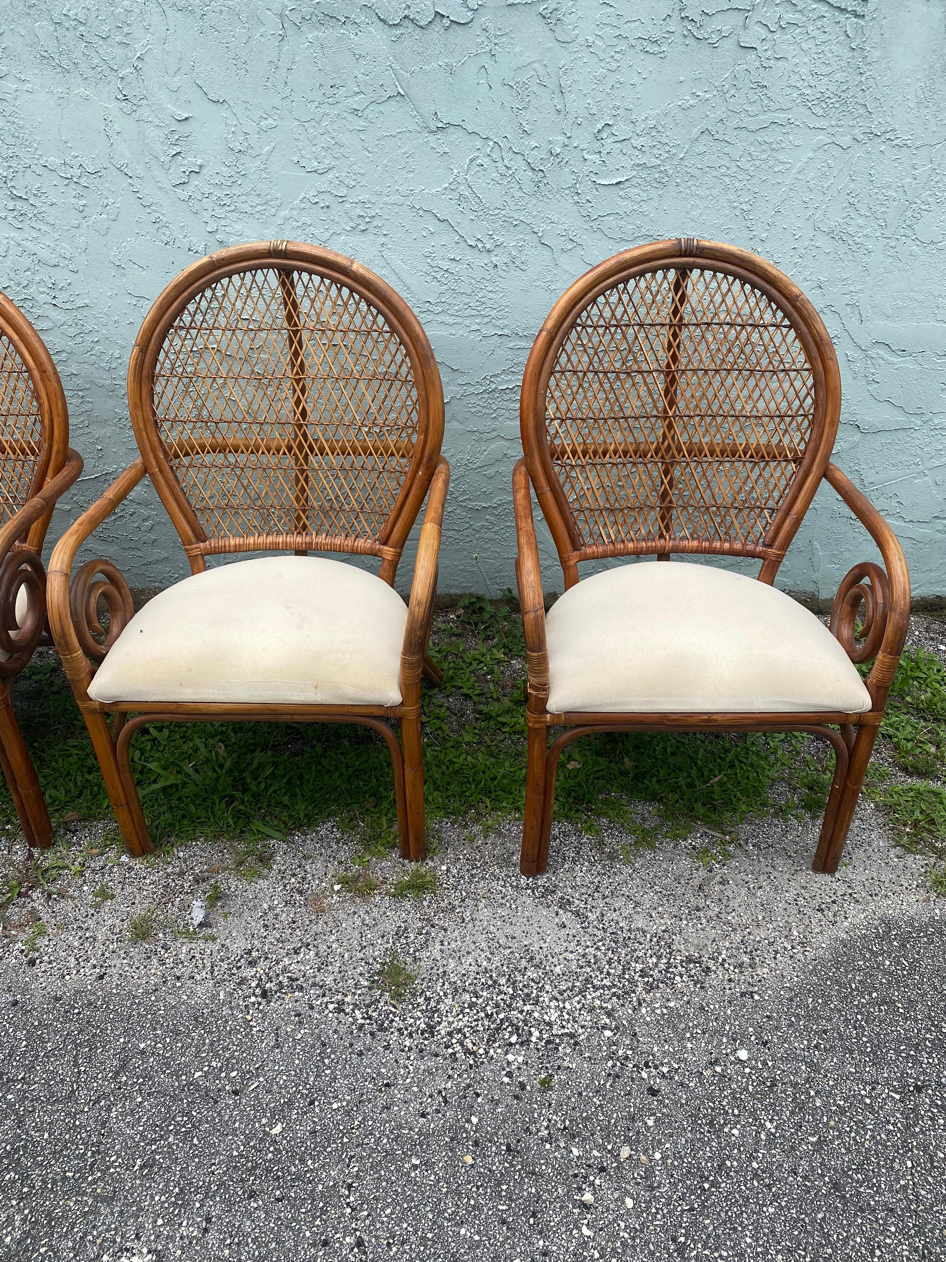1970s Rattan Peacock Scroll Arm Sculptural Dining Side Chairs For Sale 2