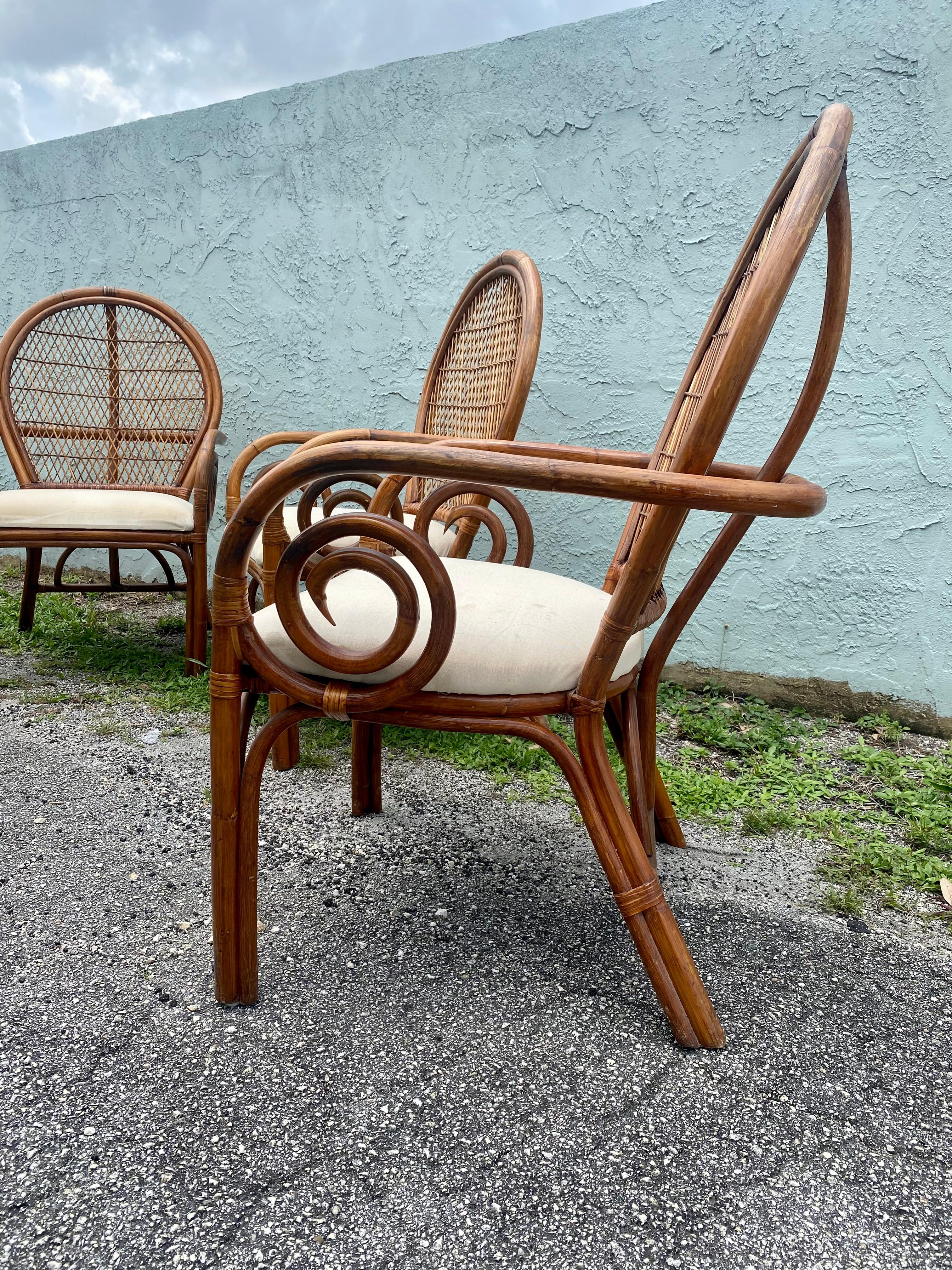 1970s Rattan Peacock Scroll Arm Sculptural Dining Side Chairs For Sale 1