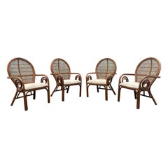 1970s Rattan Peacock Scroll Arm Sculptural Dining Side Chairs