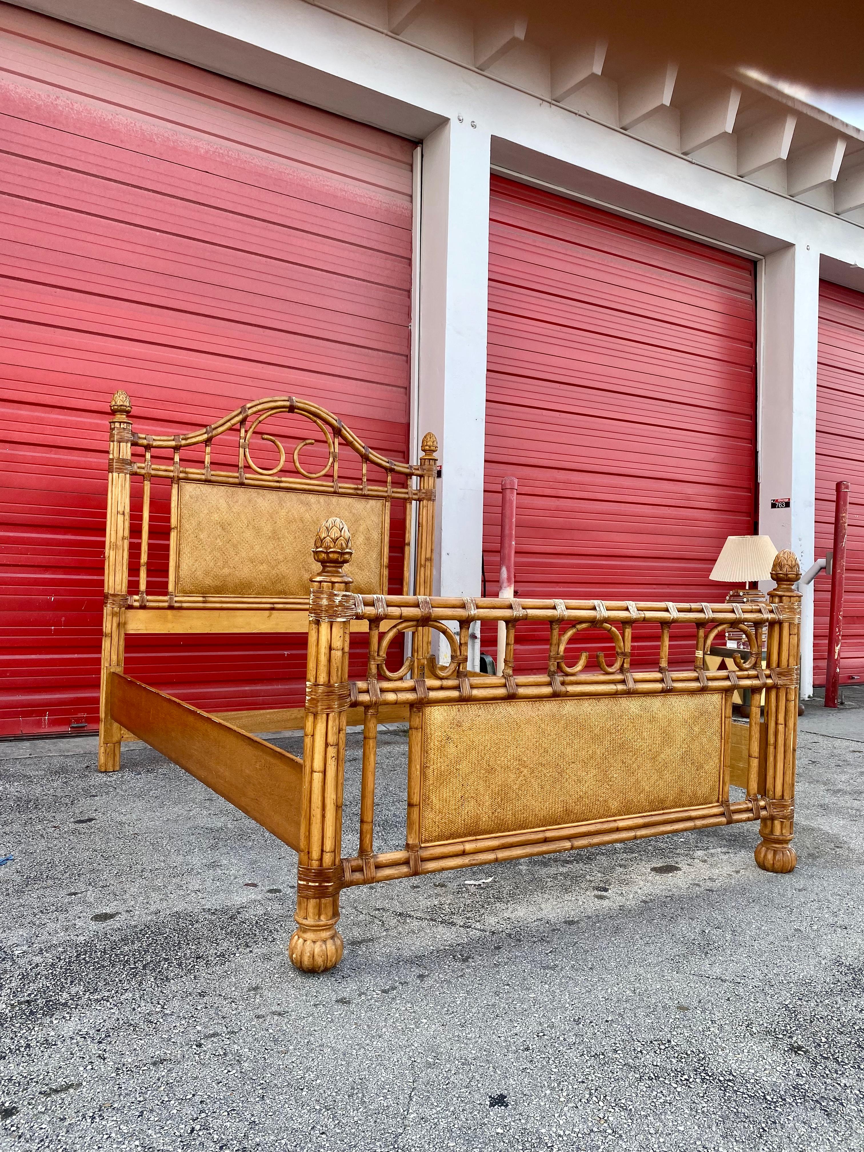 The beautiful rare bed frame is statement piece which is also extremely comfortable and packed with personality! 
We are delighted to offer for sale this absolutely stunning rattan queen size frame. Just look at the gorgeous details on this beauty!