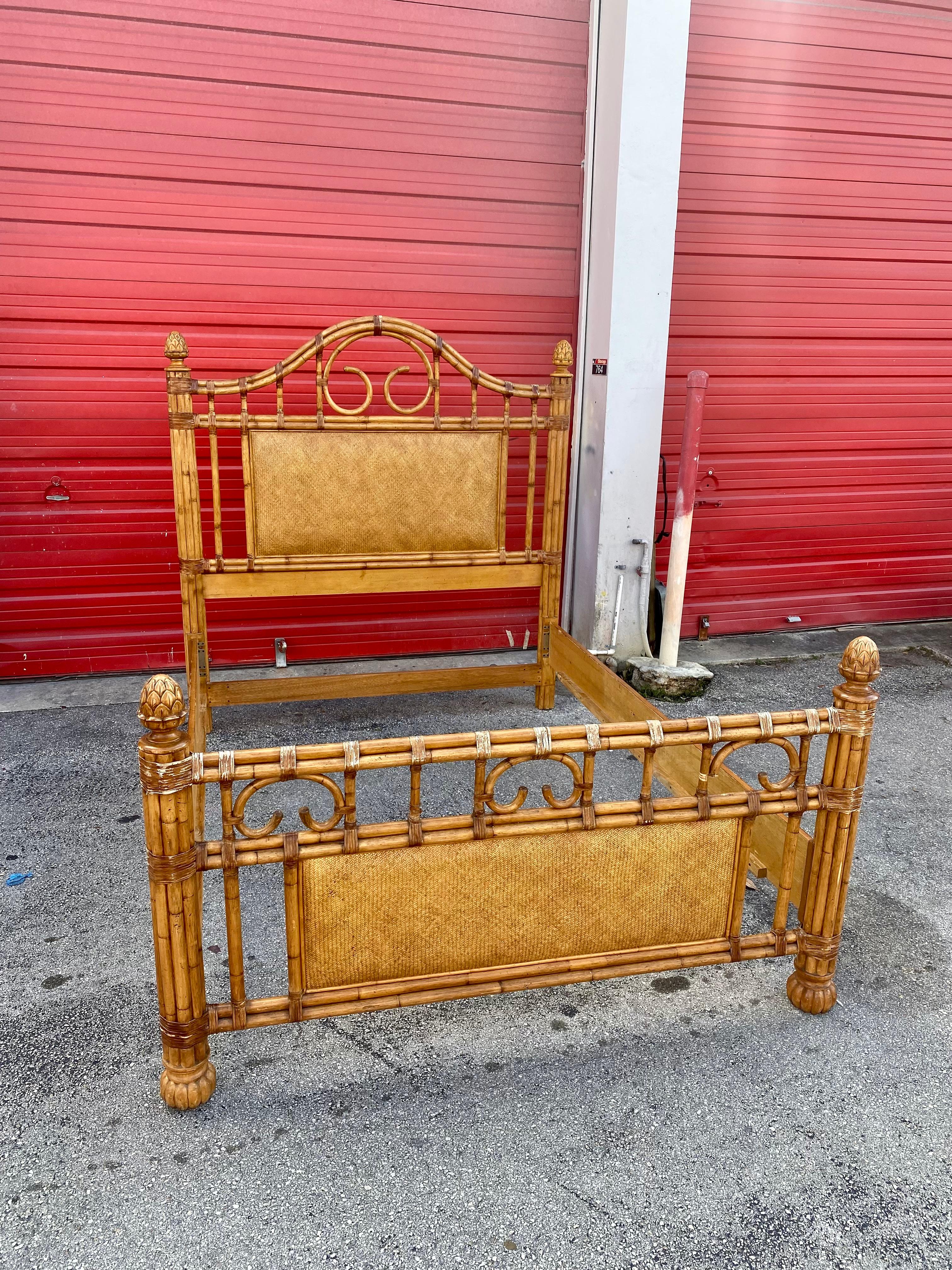 Bohemian 1970s Rattan and Wood Queen Bed Frame