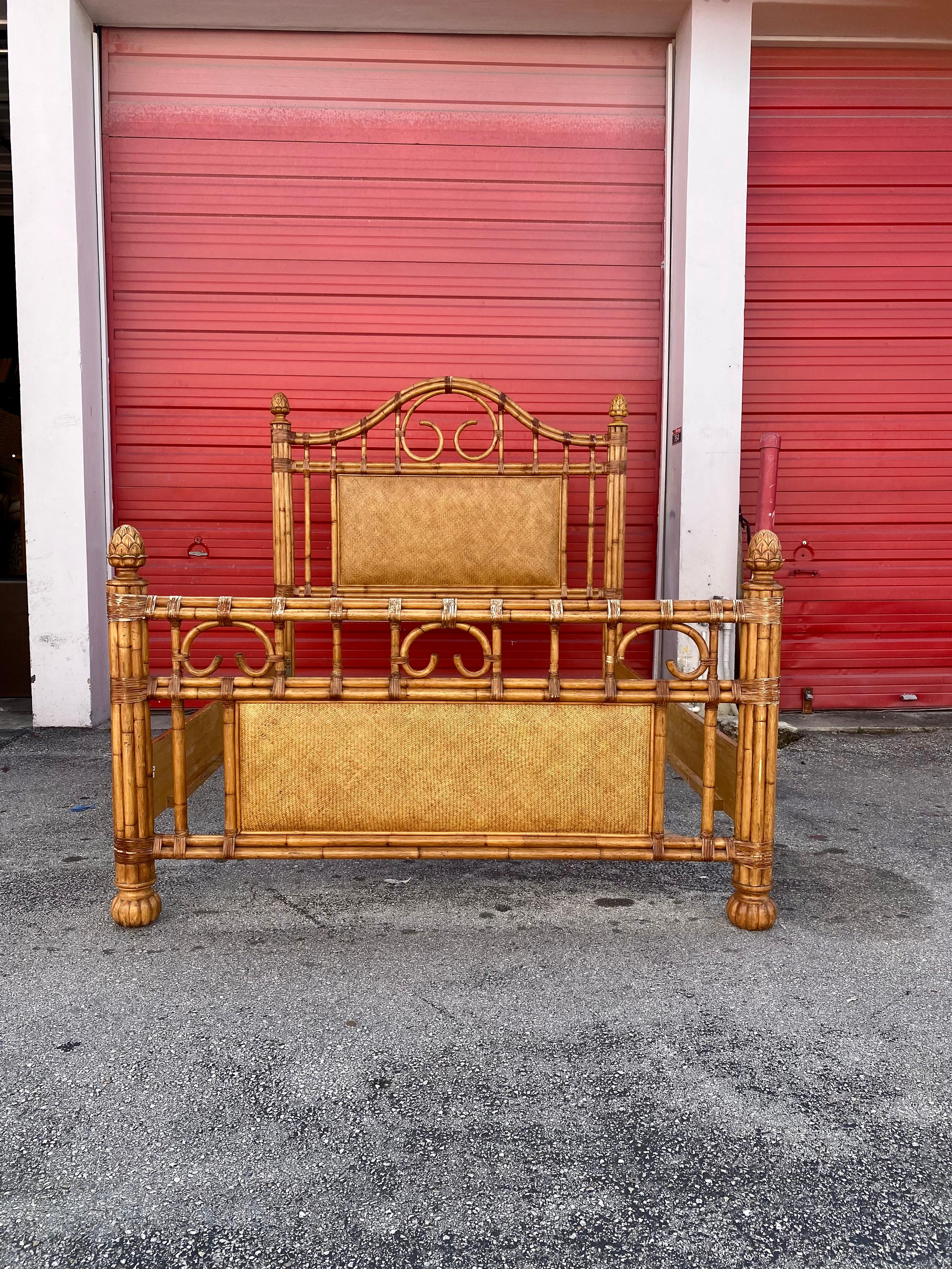 Late 20th Century 1970s Rattan and Wood Queen Bed Frame