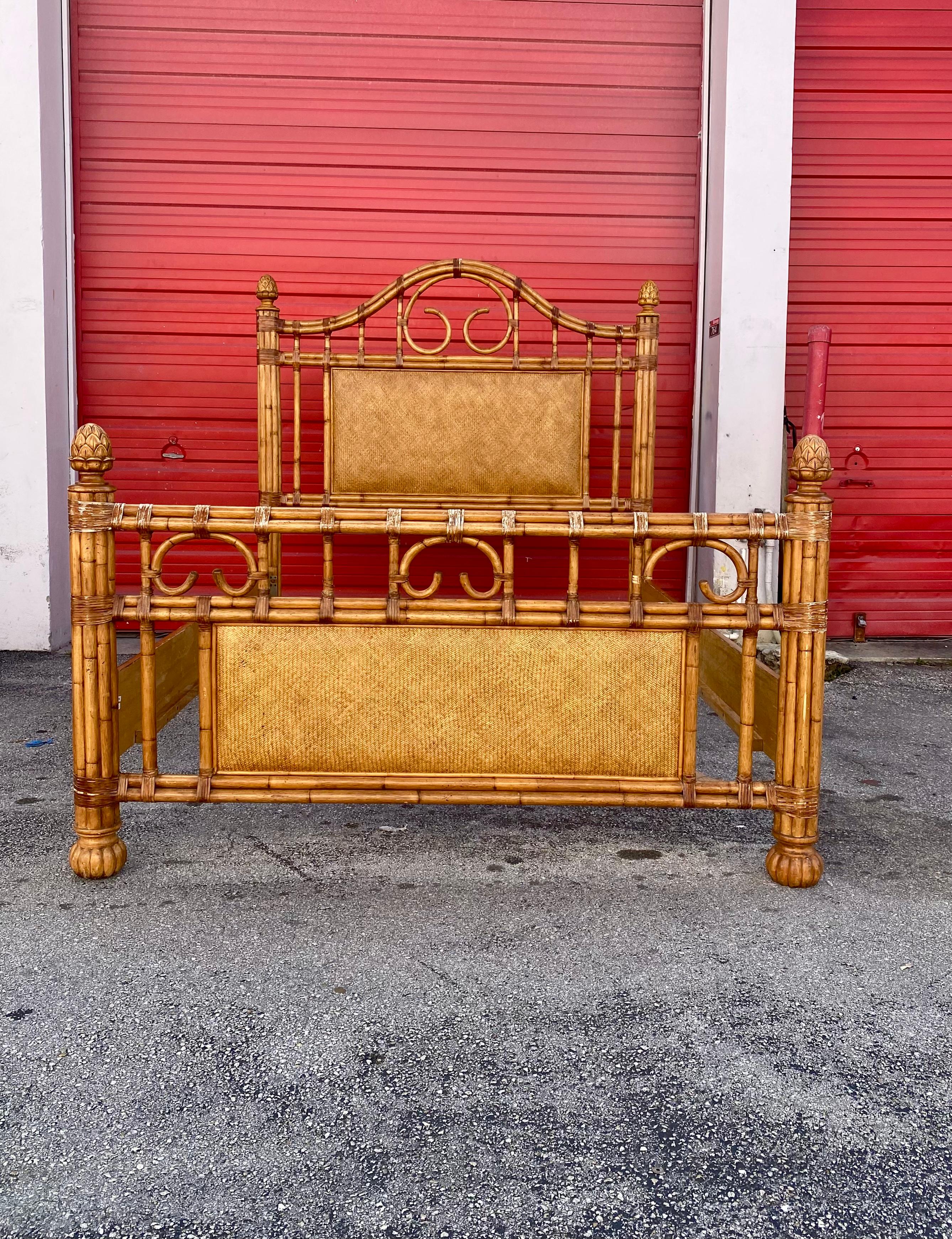 1970s Rattan and Wood Queen Bed Frame 1