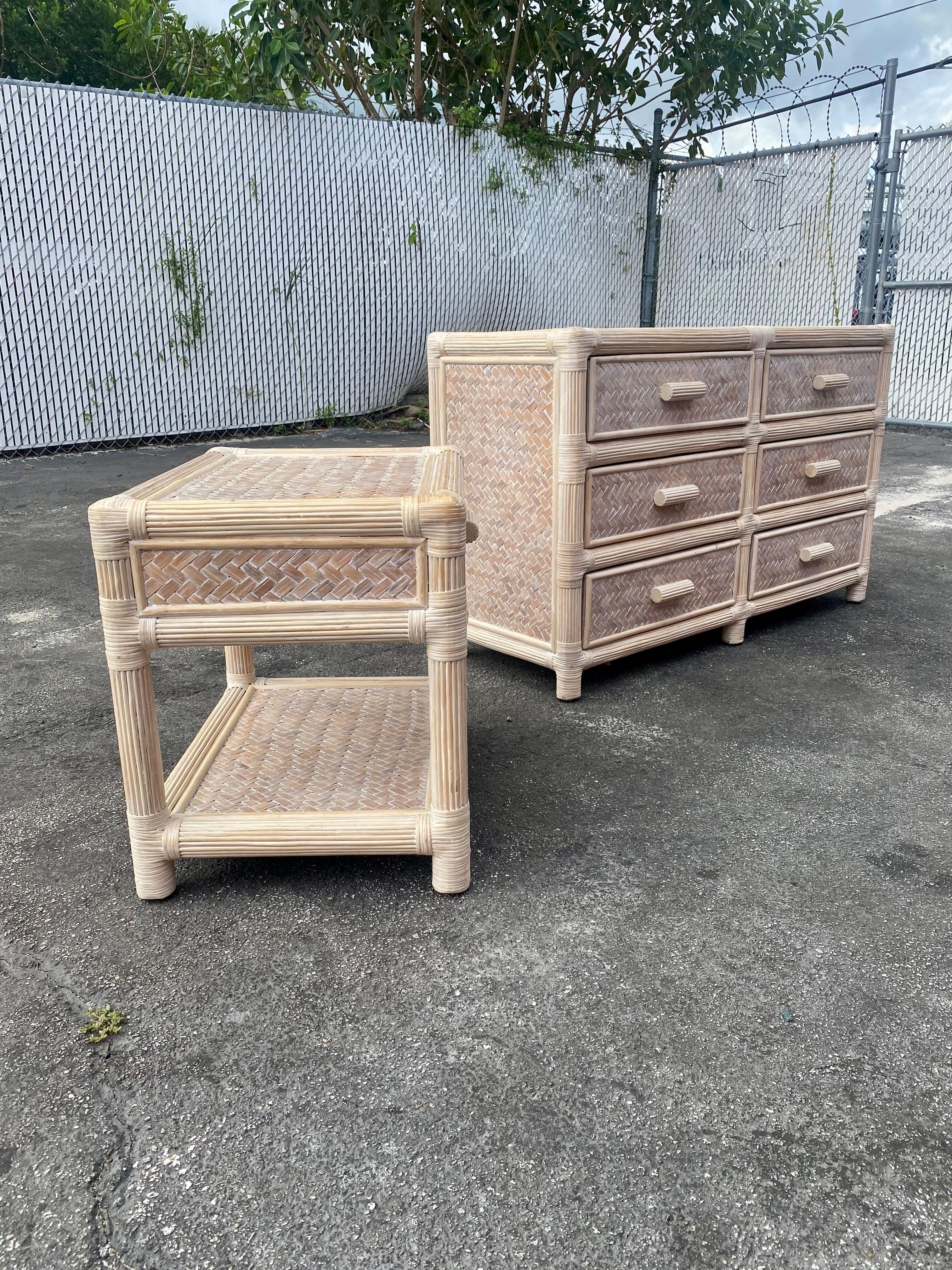 Bohemian 1970s Rattan Reed Braided Dresser and End Table, Set of 2 For Sale