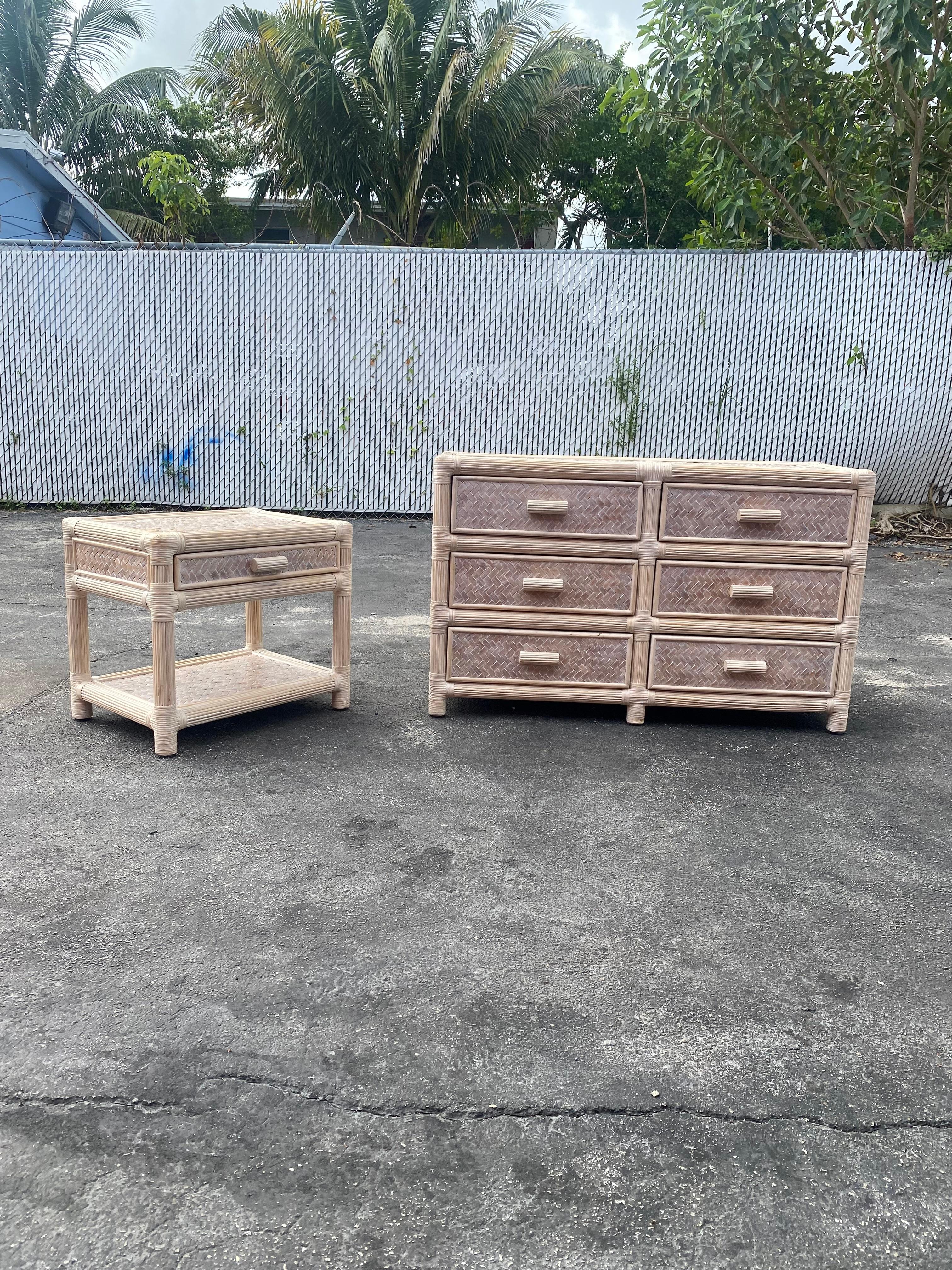 Philippine 1970s Rattan Reed Braided Dresser and End Table, Set of 2 For Sale
