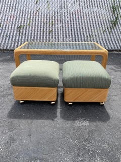 1970s Rattan Reed Coffee Stools Table, Set of 3