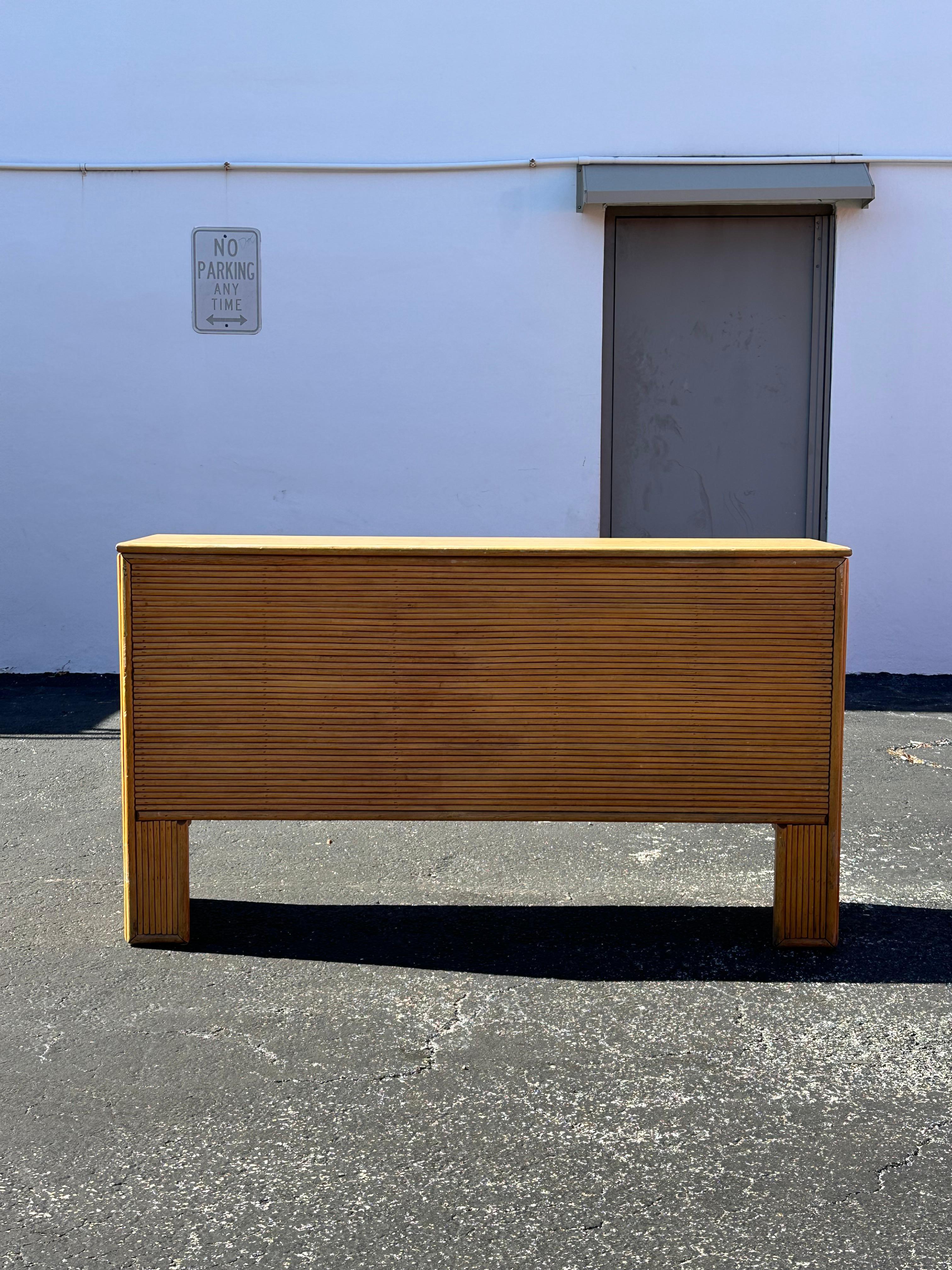 Bohemian 1970s Rattan Reed Wood Console Storage Trunk Table For Sale