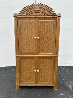 1970s Rattan Rising Sun Arch Armoire Wardrobe Storage Cabinet