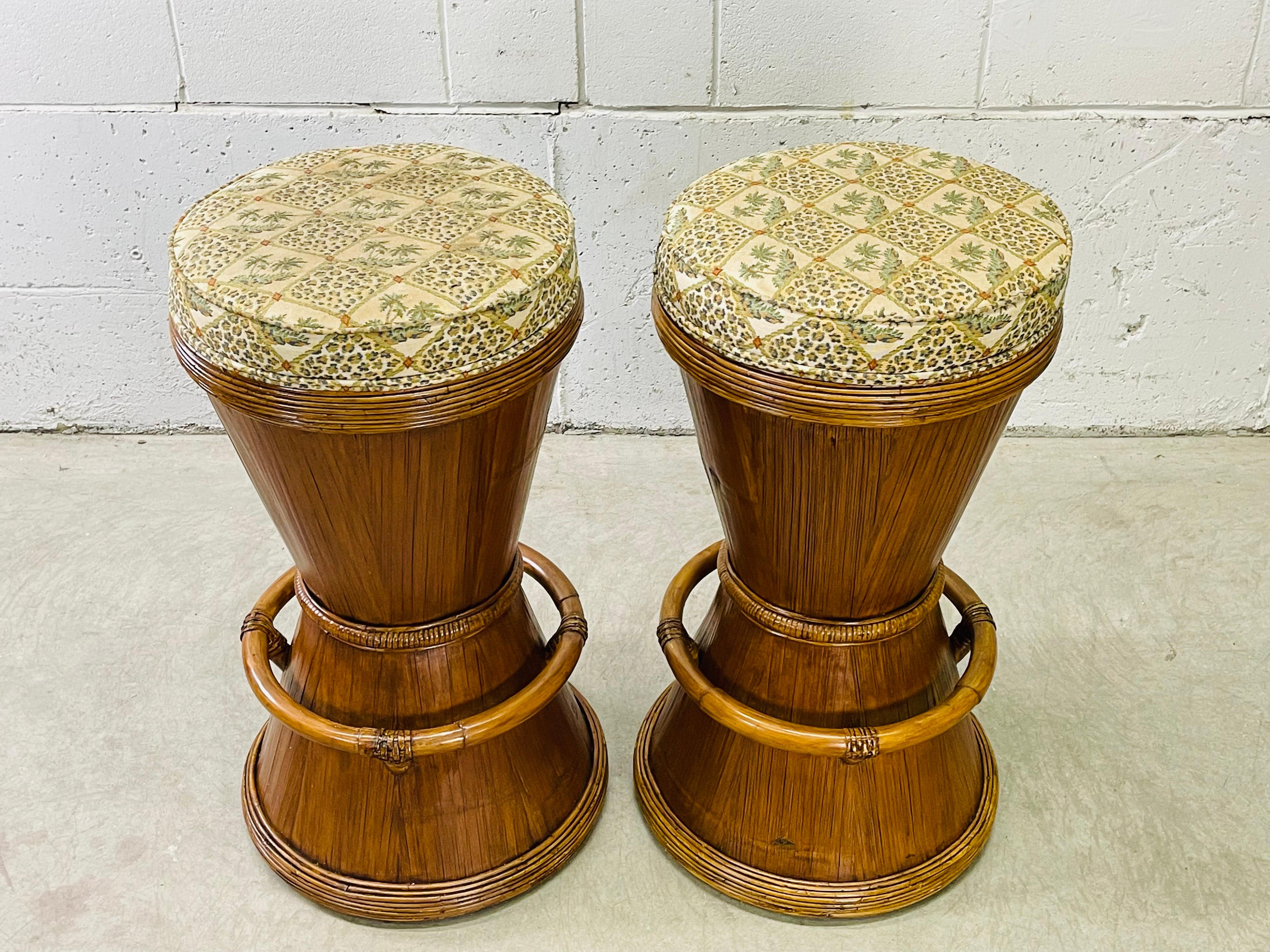 Mid-Century Modern 1970s Rattan Round Bar Stools, Pair For Sale