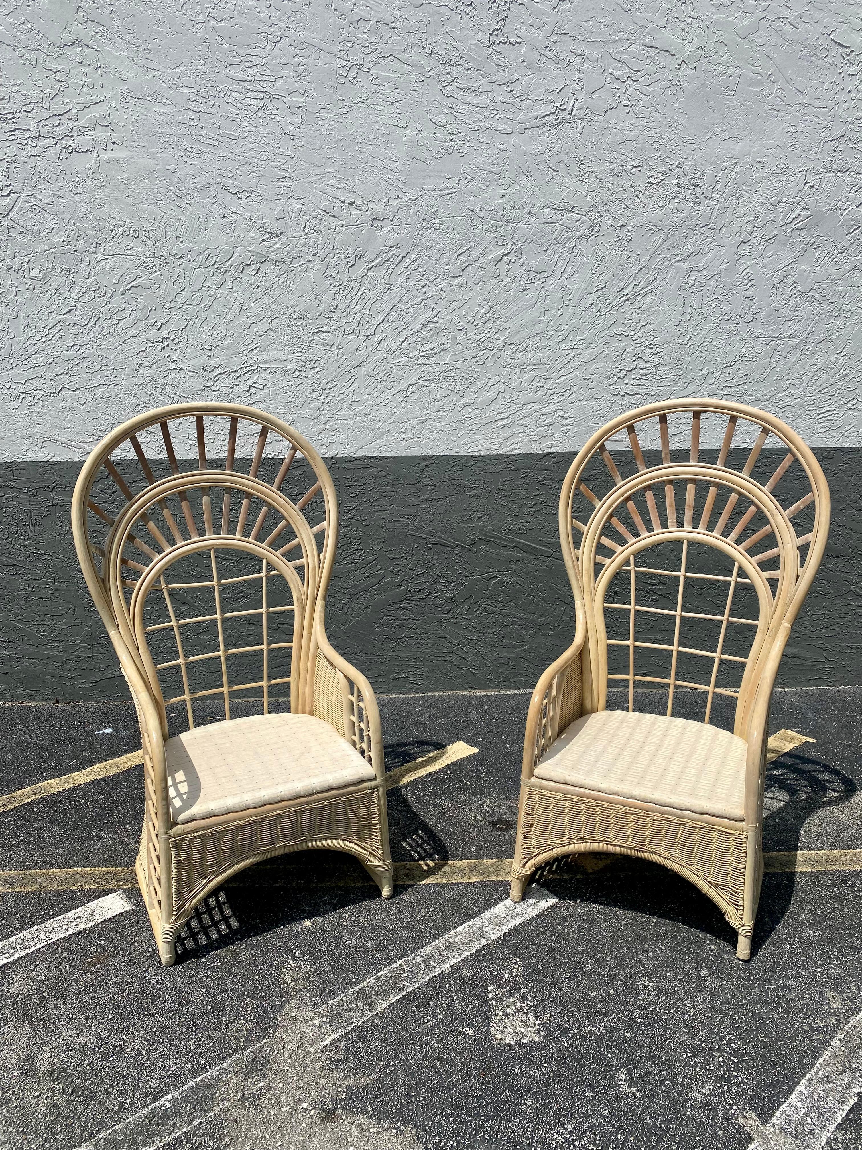 Upholstery 1970s Rattan Sculptural Peacock Chairs, Set of 2 For Sale