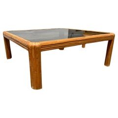 1970s Rattan Smoked Glass Waterfall Edge Coffee Table