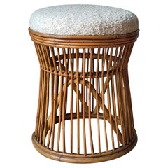 1970s Rattan Stool with Cream White Upholstery, France, 1970s