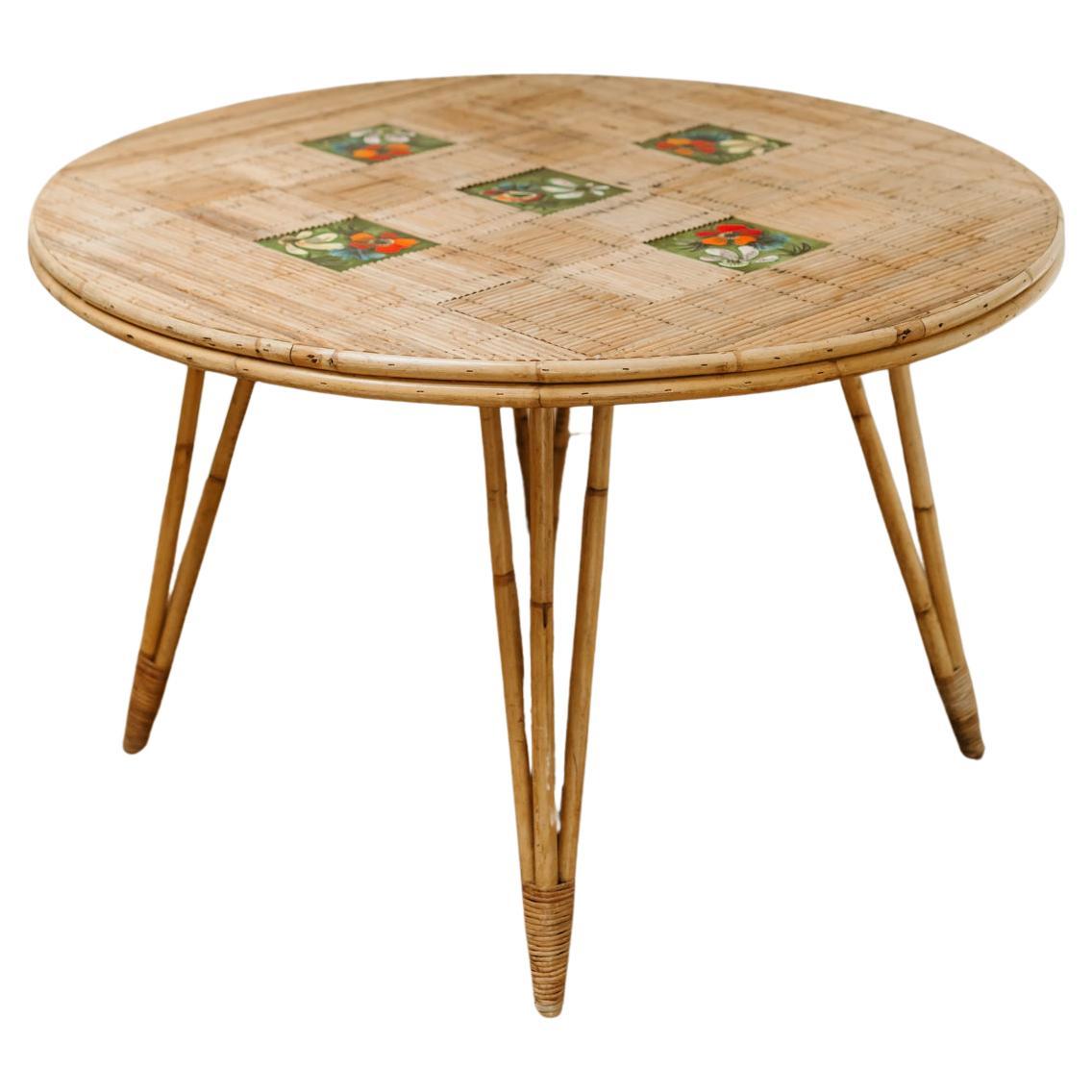 1970's rattan table inlaid with vallauris tiles from Audoux Minet