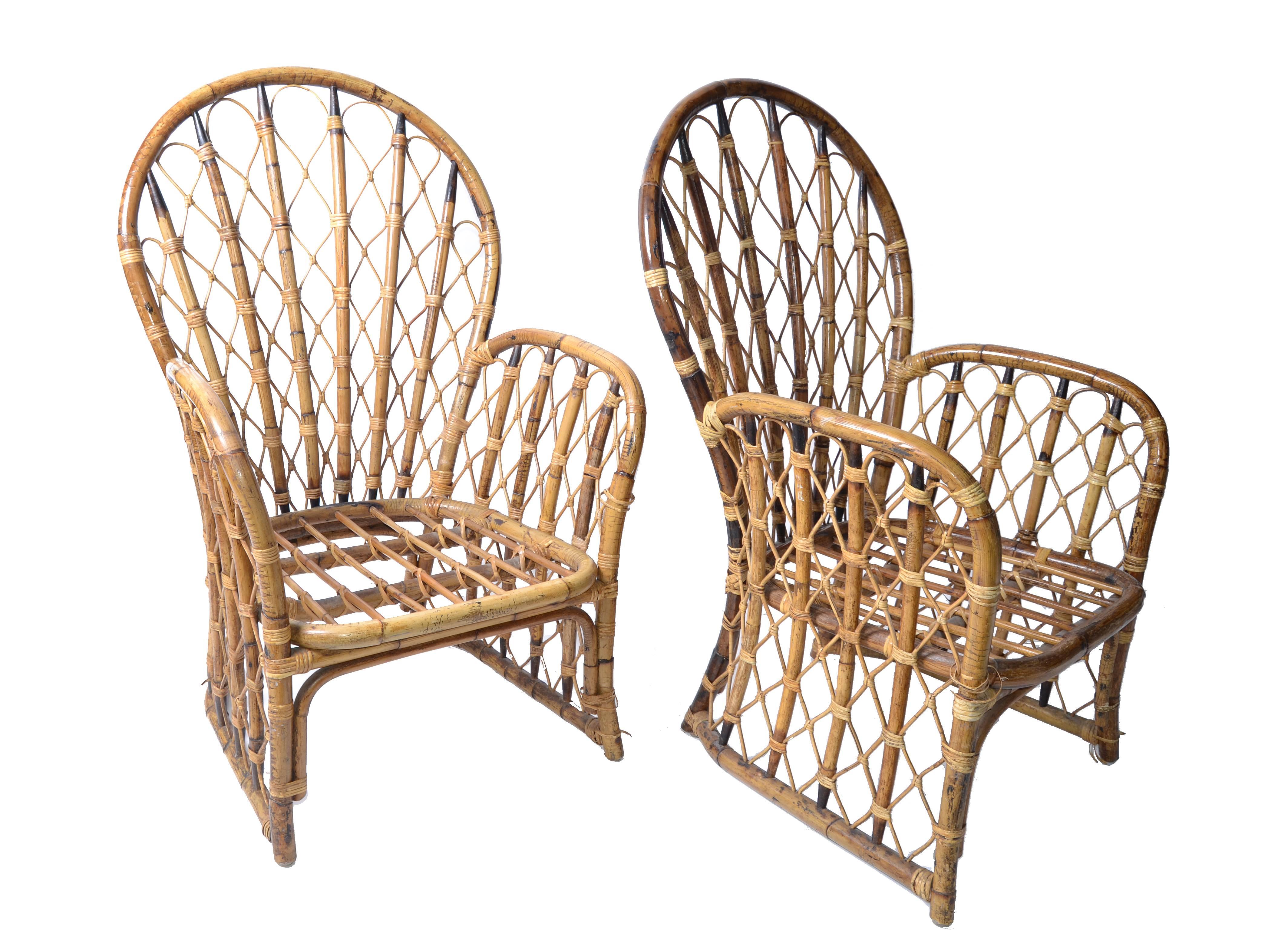 Hollywood Regency Pair 1970 Bohemian Coastal Handwoven Rattan Wicker and Bamboo Dining Armchairs  For Sale