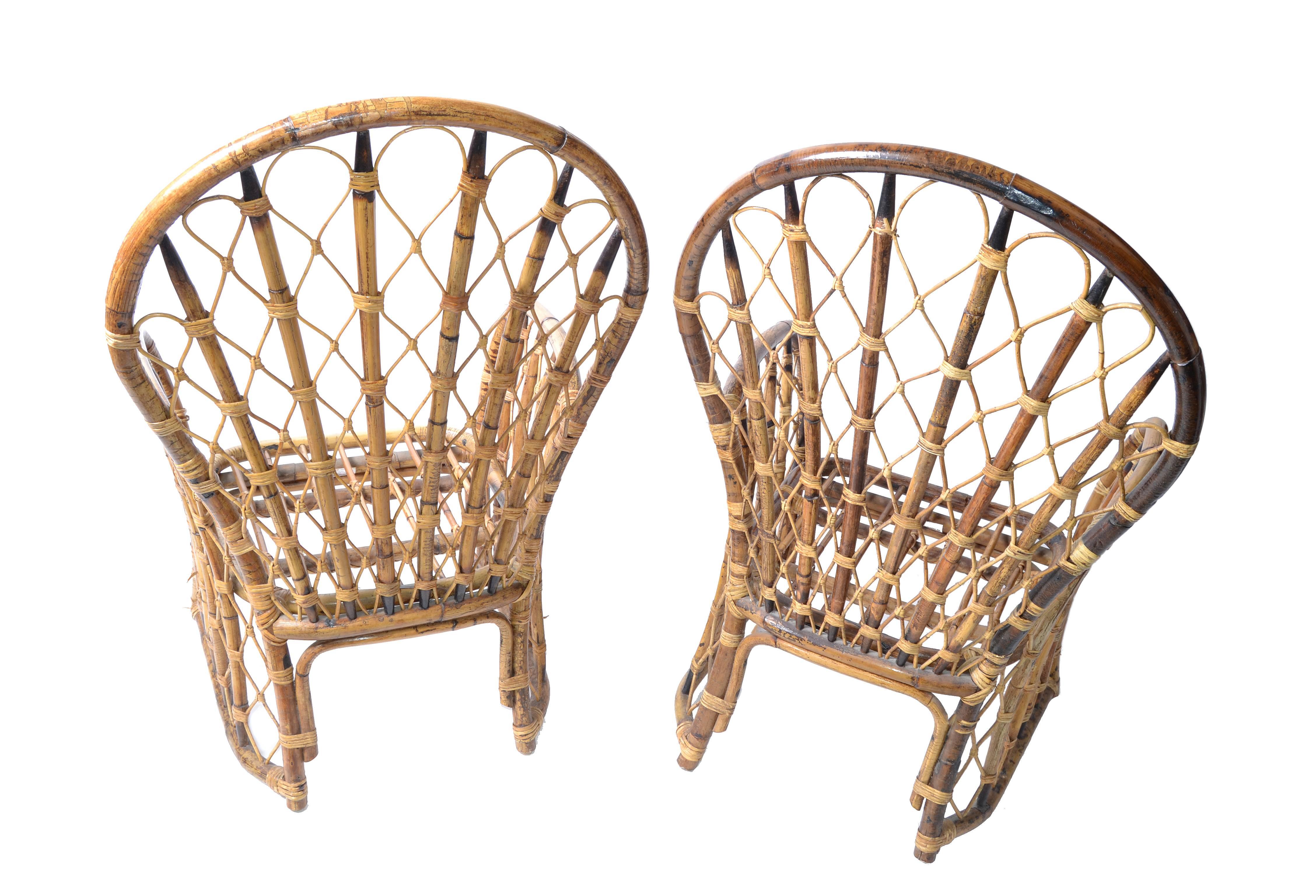 Pair 1970 Bohemian Coastal Handwoven Rattan Wicker and Bamboo Dining Armchairs  In Good Condition For Sale In Miami, FL