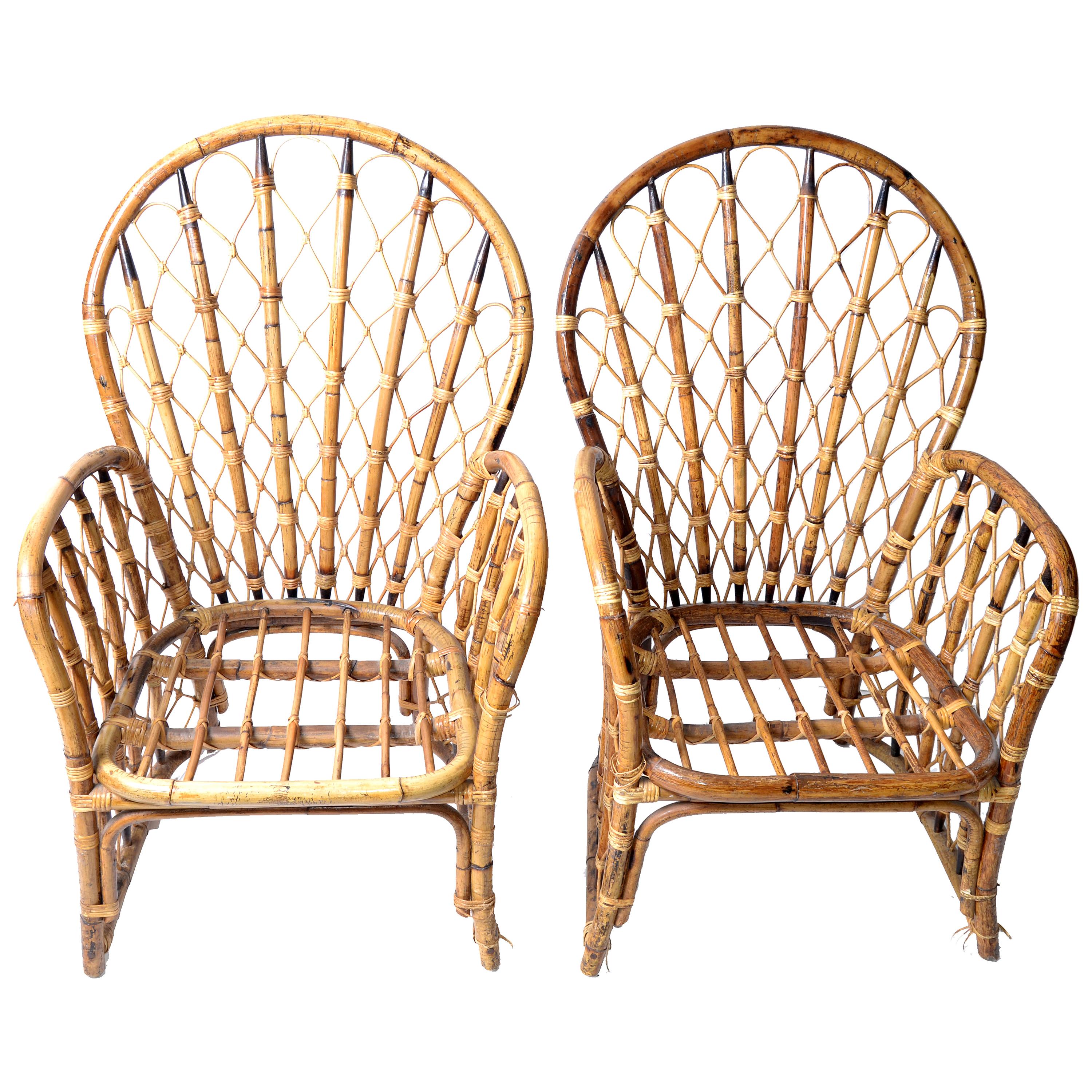 Pair 1970 Bohemian Coastal Handwoven Rattan Wicker and Bamboo Dining Armchairs  For Sale