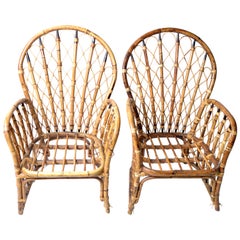 1970s Rattan, Wicker and Bamboo Dining Armchairs, Pair
