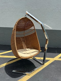 1970s Rattan Wicker Chrome Swing Egg Chair