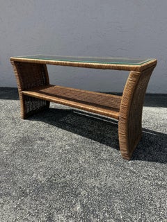 1970s Rattan Wicker Double Tier Console Glass Top Table