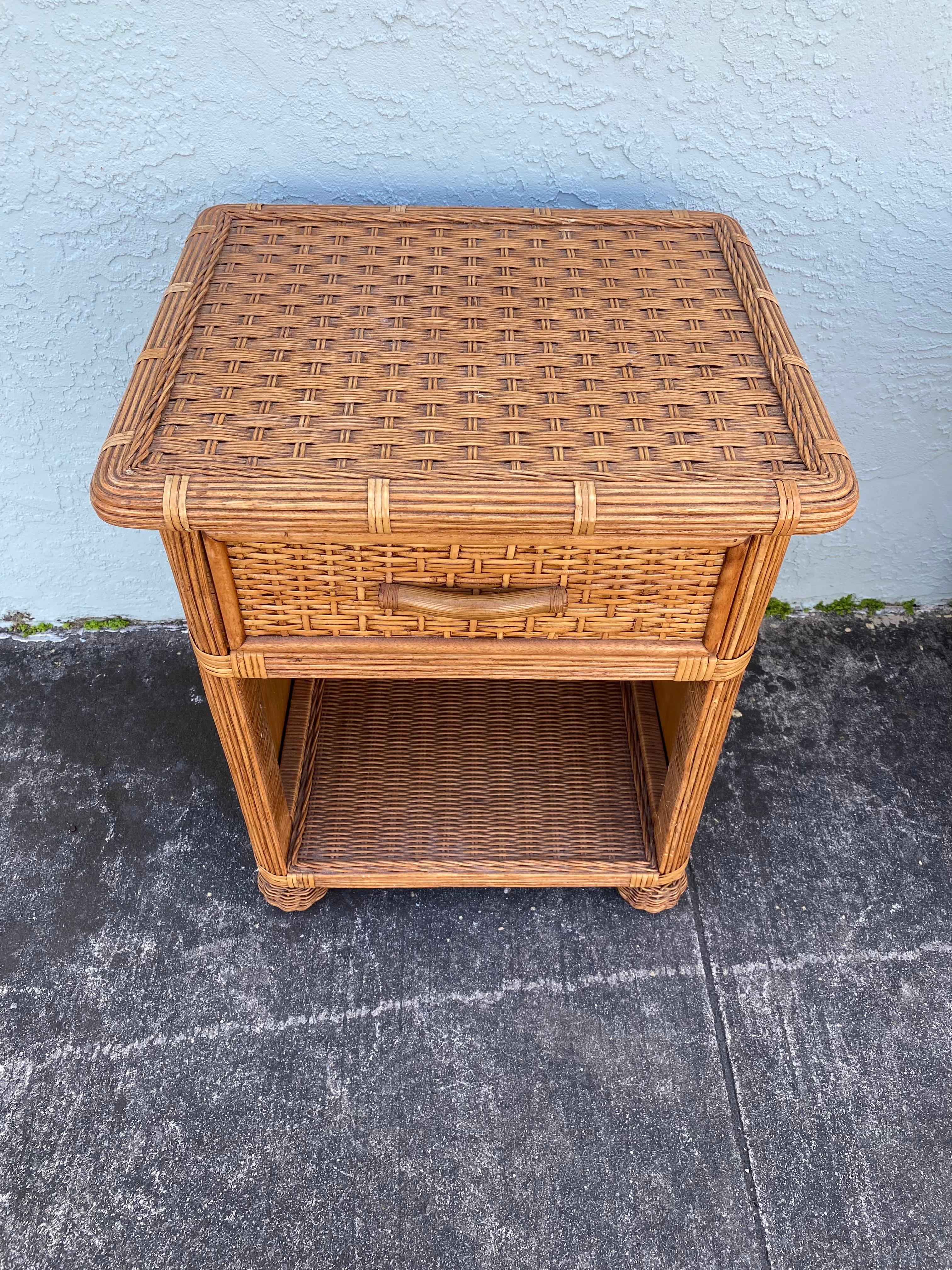 1970s Rattan Wicker End Tables Night Stands, Set of 2 For Sale 4