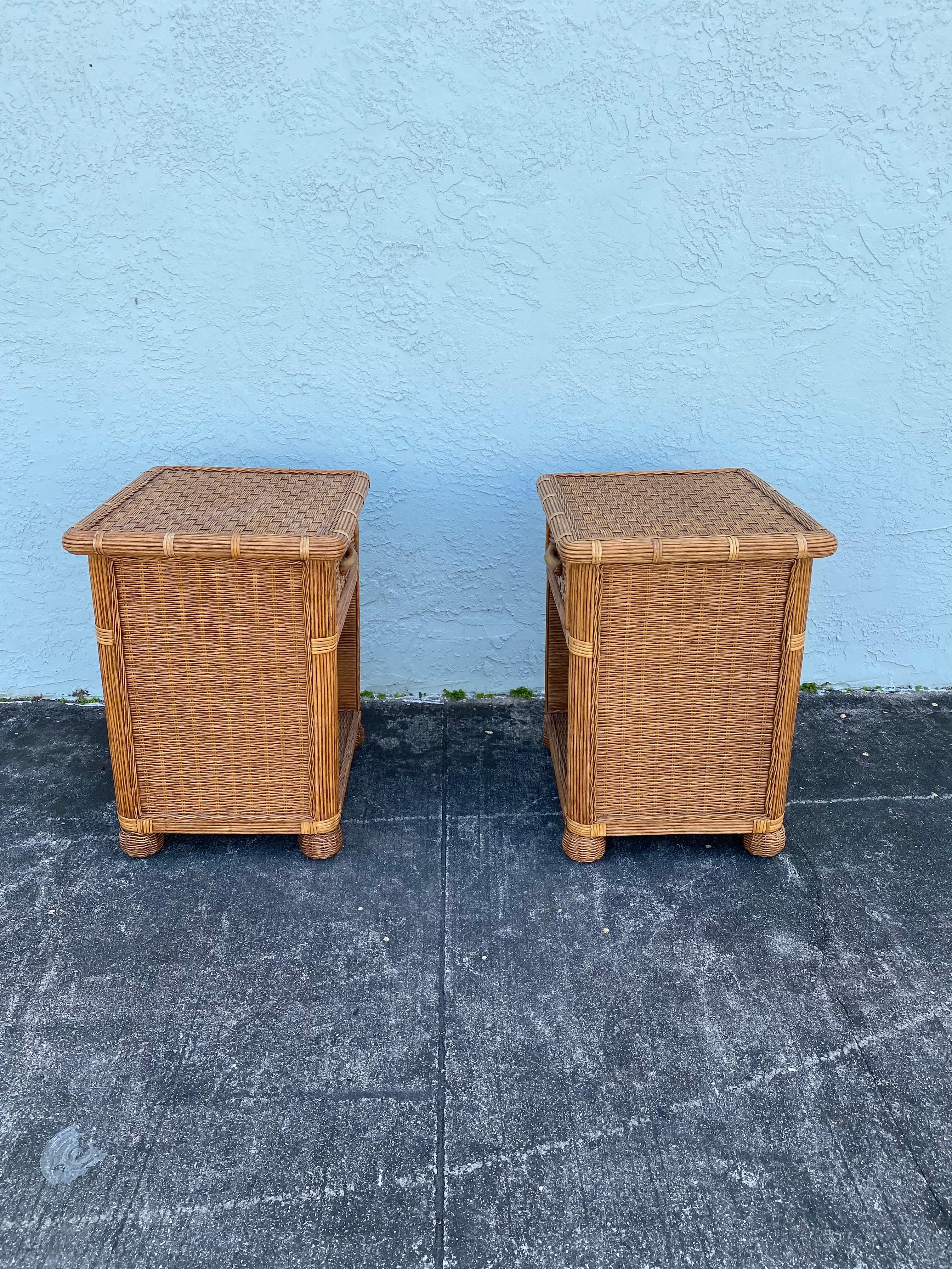 Bohemian 1970s Rattan Wicker End Tables Night Stands, Set of 2 For Sale