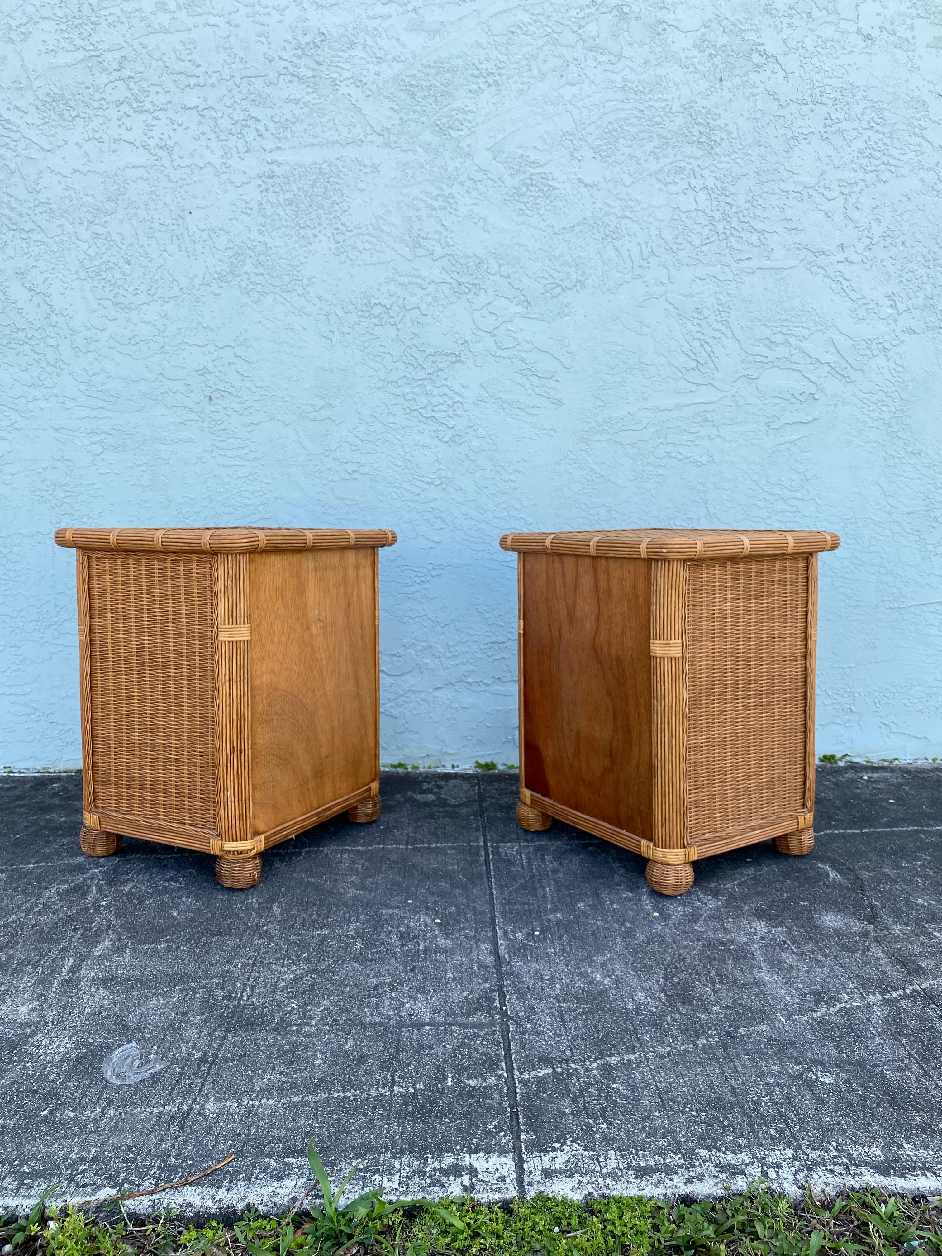 American 1970s Rattan Wicker End Tables Night Stands, Set of 2 For Sale