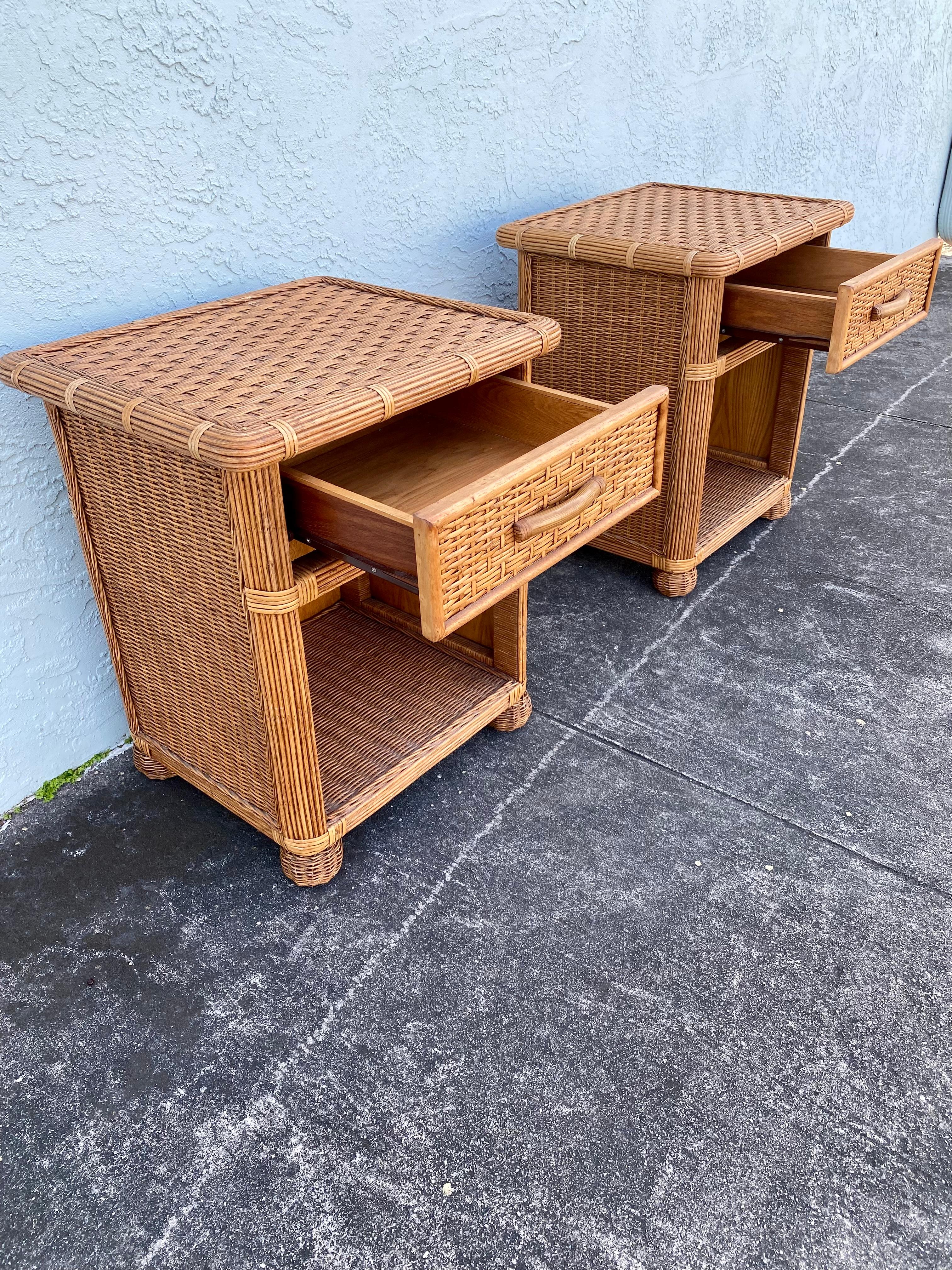Late 20th Century 1970s Rattan Wicker End Tables Night Stands, Set of 2 For Sale