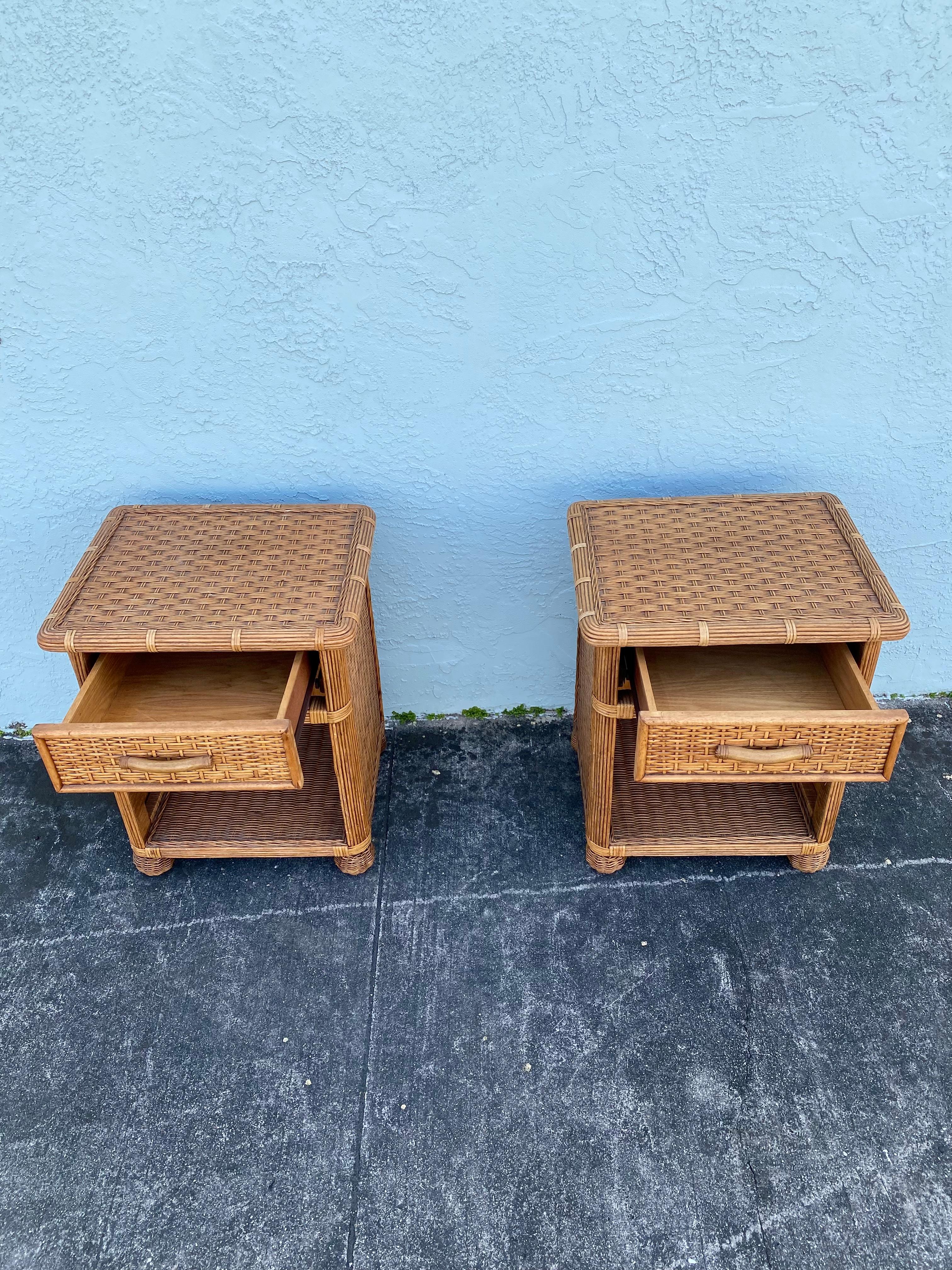 1970s Rattan Wicker End Tables Night Stands, Set of 2 For Sale 1