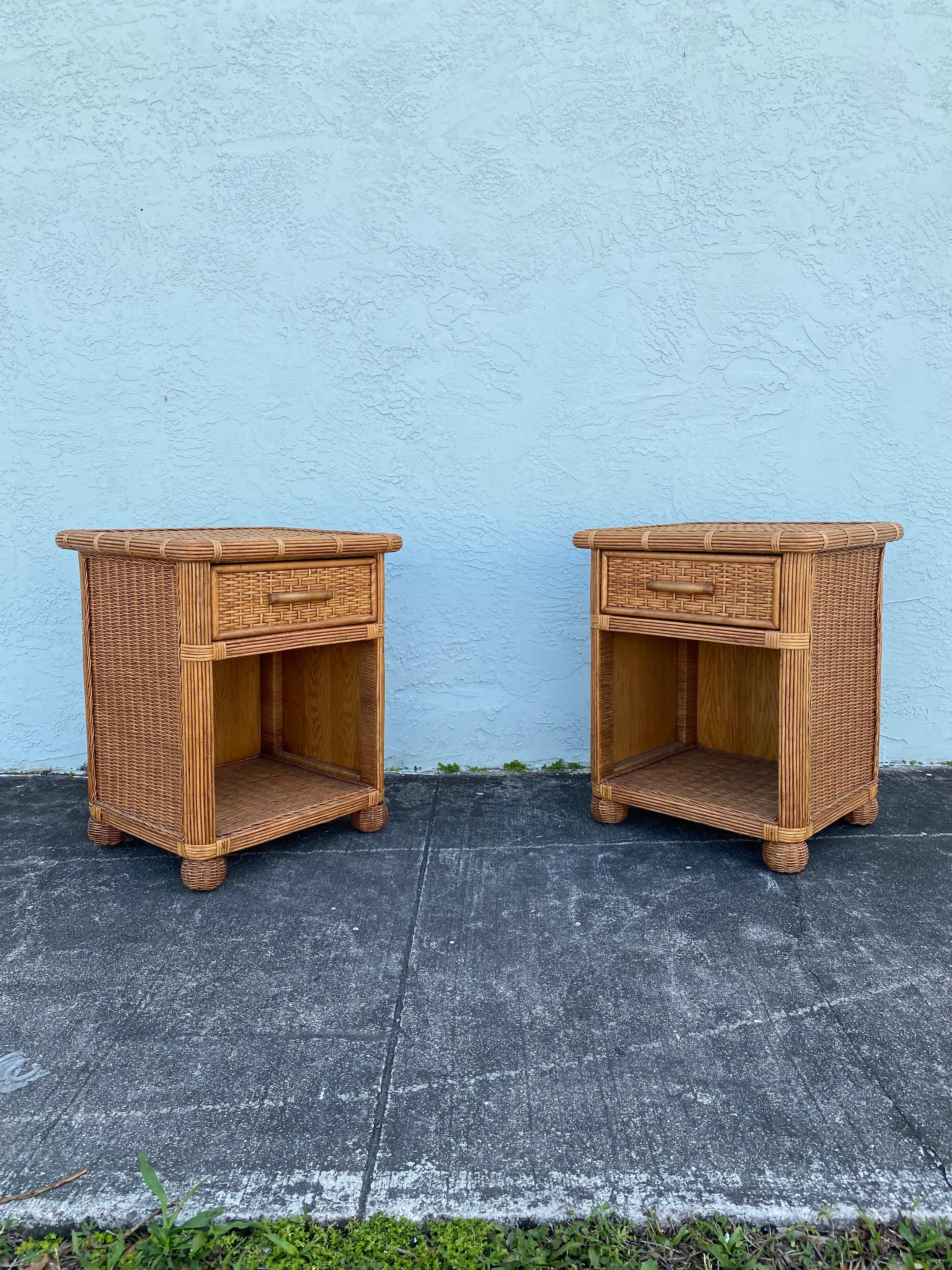 1970s Rattan Wicker End Tables Night Stands, Set of 2 For Sale 2