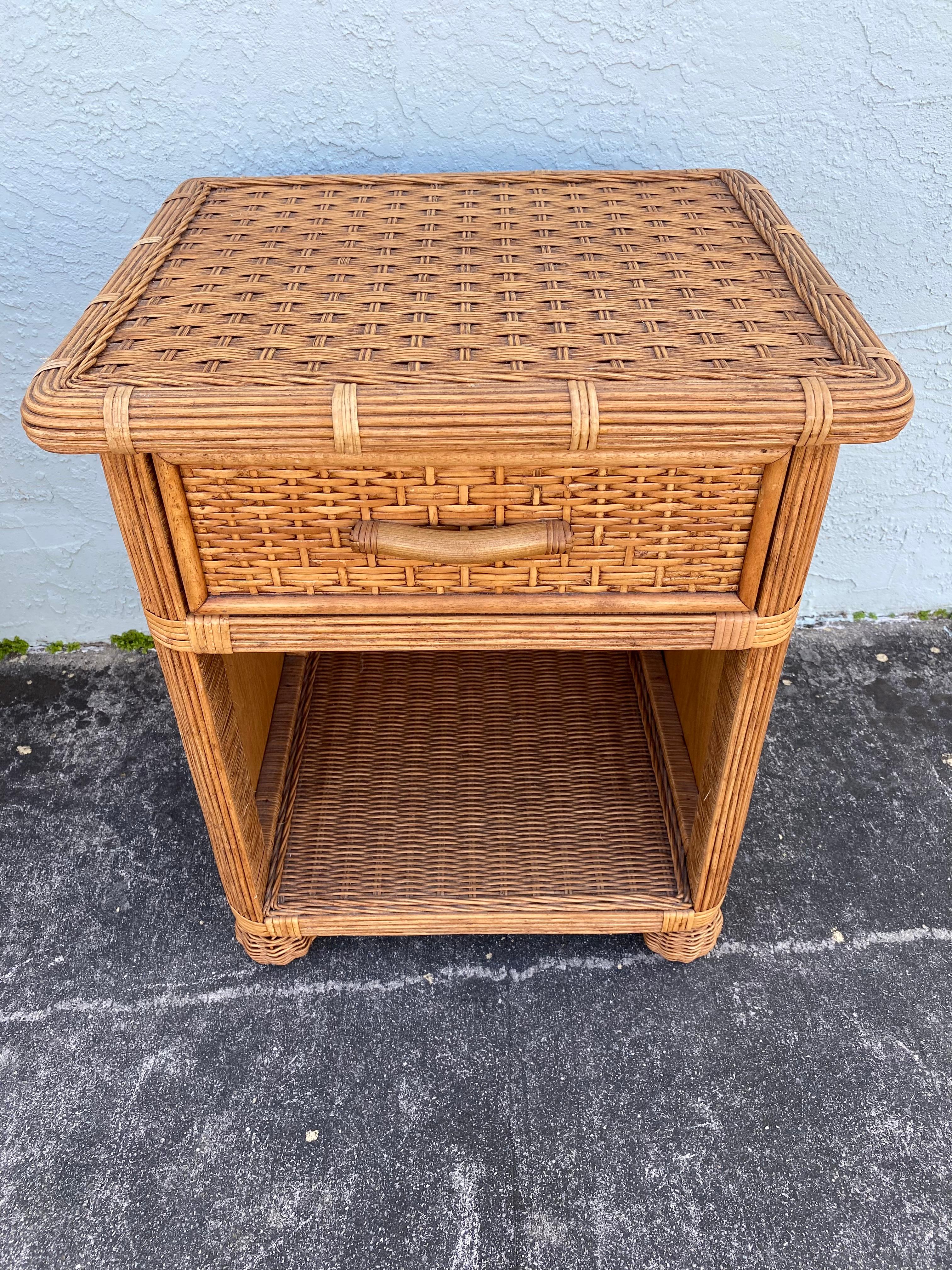 1970s Rattan Wicker End Tables Night Stands, Set of 2 For Sale 3