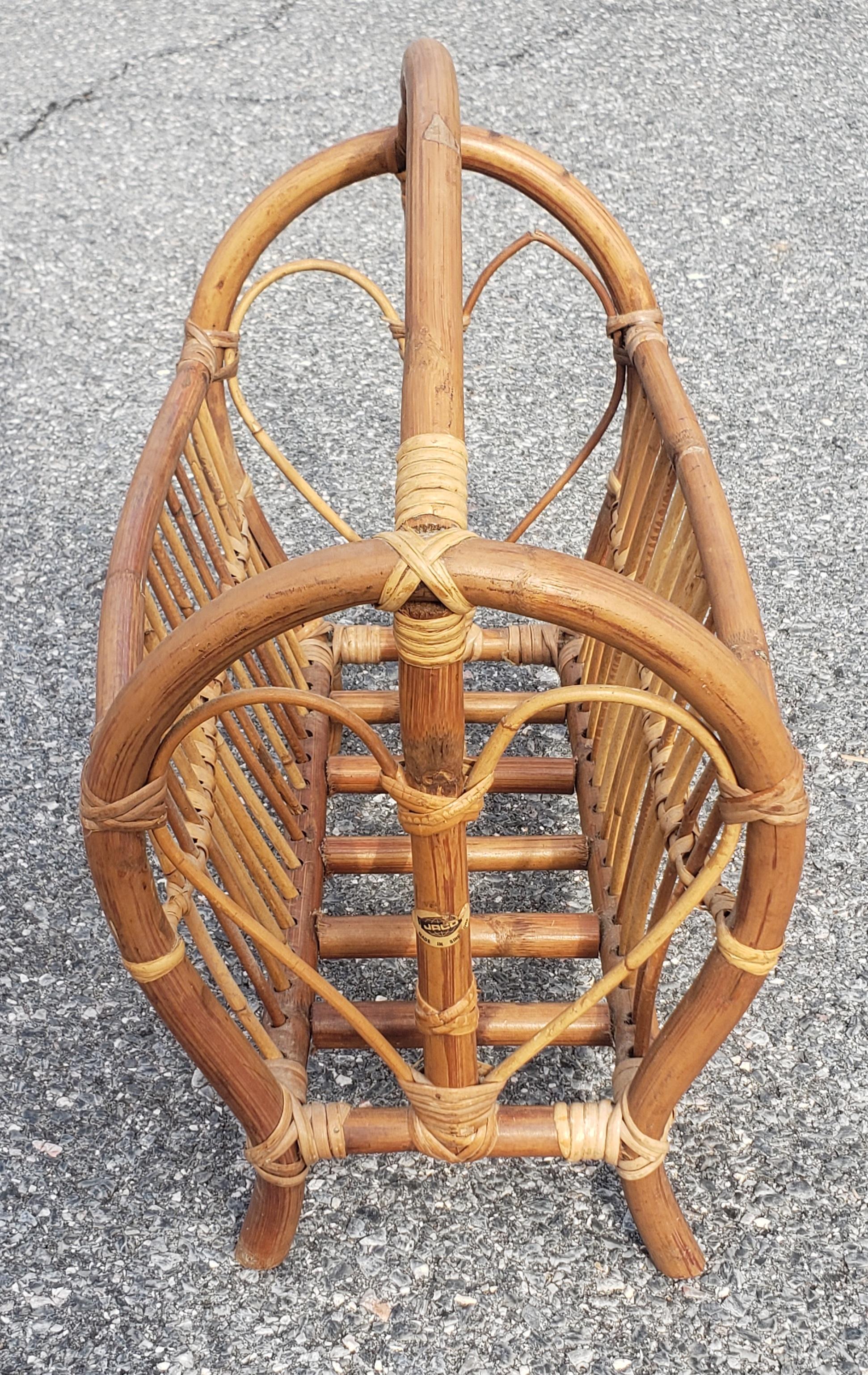 Hand-Crafted 1970s Rattan Wicker Magazine Rack For Sale
