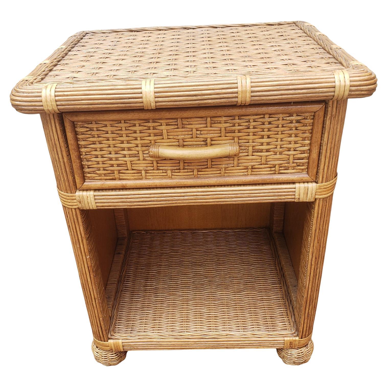 1970s Rattan Wicker Nightstand with Drawer