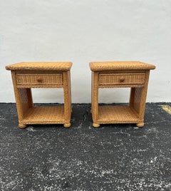 1970s Rattan Wicker Nightstands, Set of 2